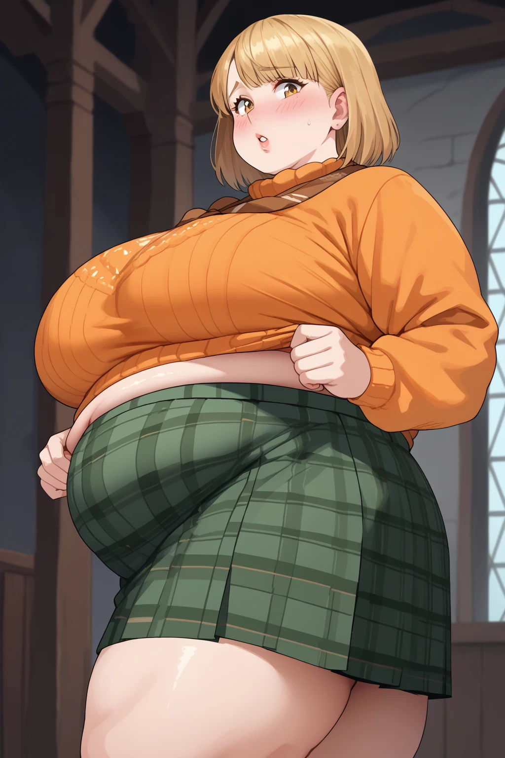 Ashley Graham , ashley graham,　 shortcuts,　 orange sweater ,  miniskirt,  green plaid skirt,  Long Sleeve ,  yellow eyes, Thighs,  Golden Hair ,  score_9,   score_8_up,   score_7_up,   score_6_up,   score_5_up,   score_4_up,     Masterpiece  ,   top quality,   Very Aesthetic,   absurd,   source_Anime, Anime screencap,   one woman , Alone,  personal  ,  Super huge breasts, ((( super huge clevis, Super huge , Super huge boob))), Curvy,  chubby, Mature Woman,  obese body type, blush,  troubled expression,  belly fat sticking out of clothes,　 sloppy stomach , A woman wearing a skirt , puzzled expressions,A woman with a sticky butt