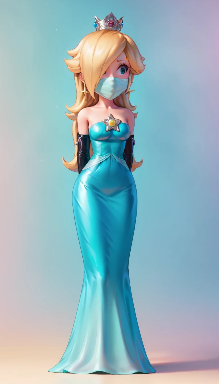 score_9, score_8_up, score_7_up, zPDXL,  Illuminationstyle, 1girl,  1girl, (Rosalina /(illumination/)), Illumination style, princess Rosalina from súper Mario lore, large breast, (wearing blue dress, long dress), flirt, gaze, half-closed eyes, makeup, (full bodies in view), complete body view, stand up, standing, from front, front view, complete body view,  Open (arms behind the back:1), ( armbinder), black tight mask, wrapped tight mask, tight wrap mask.