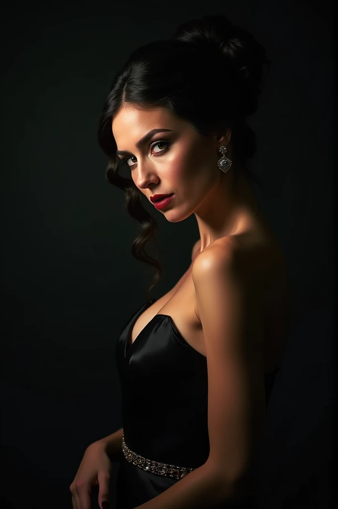 dark shot, film grain, A close up of a woman in a beautiful black dress and a black background, ultra clear, high quality
