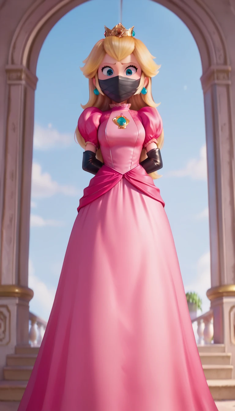 score_9, score_8_up, score_7_up, zPDXL,  Illuminationstyle, 1 girl,  1girl, (peach /(illumination/)), Illumination style, princess peach from súper Mario lore, large breast, (wearing pink dress, long dress), flirt, gaze, half closed eyes, complete body view, stand up, standing, from front, front view, complete body view, (arms behind the back:1), ( armbinder), black tight mask, wrapped tight mask, tight wrap mask,