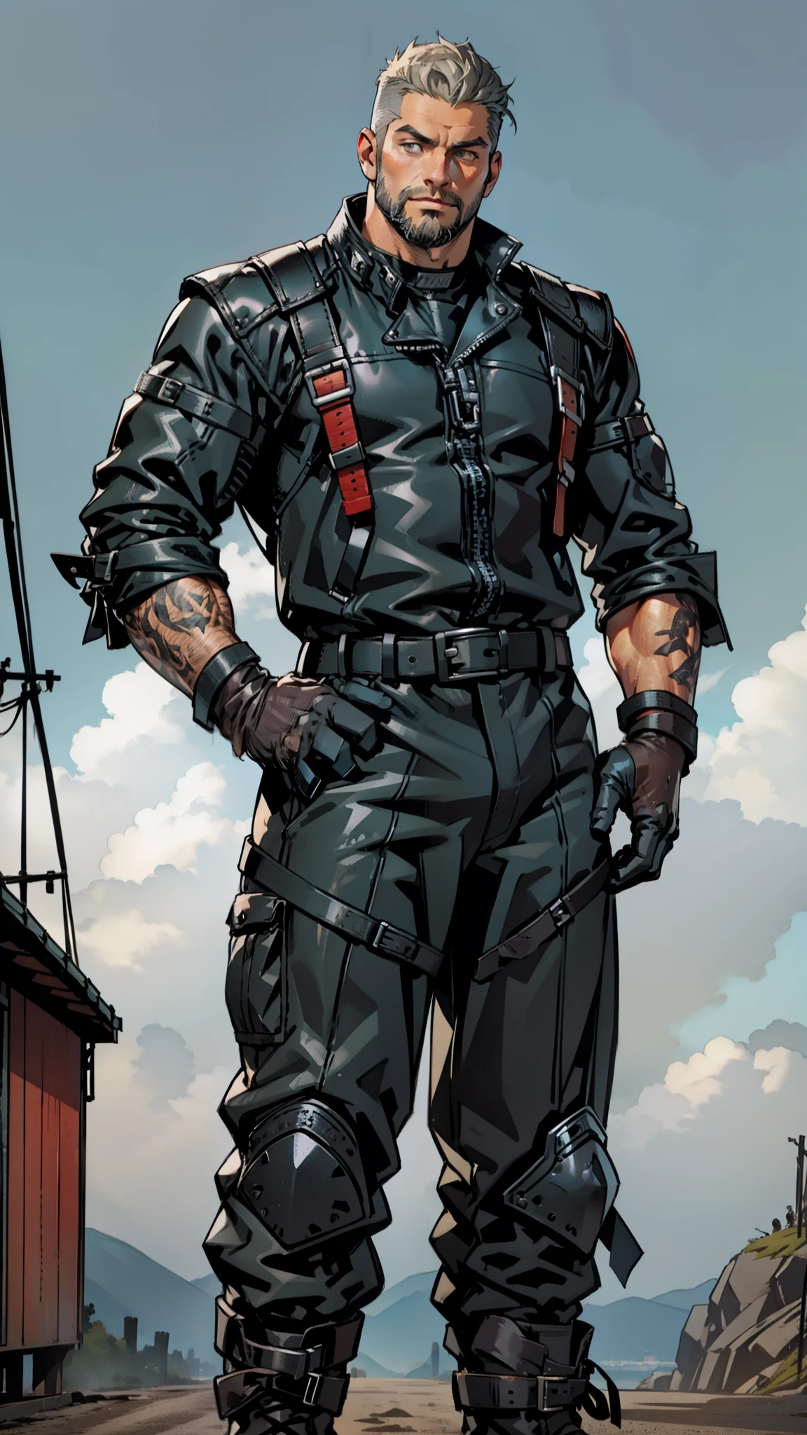 mature man ,45 years old,height 2 meters, full height, Short grey hair, shaved whiskey. slag, muscular, huge pectoral muscles , broad shoulders , Thick-chested ,( big lump in the groin :1.5), leather harness , helmet and boots moto gp , black moto gp ,spin ,gloves , Obscene language , indecent pose ,male gaze, masterpiece fails , high sharpness , high detail , black leather jumpsuit in panoramic view Decorative line style, pretty face, short beard.
