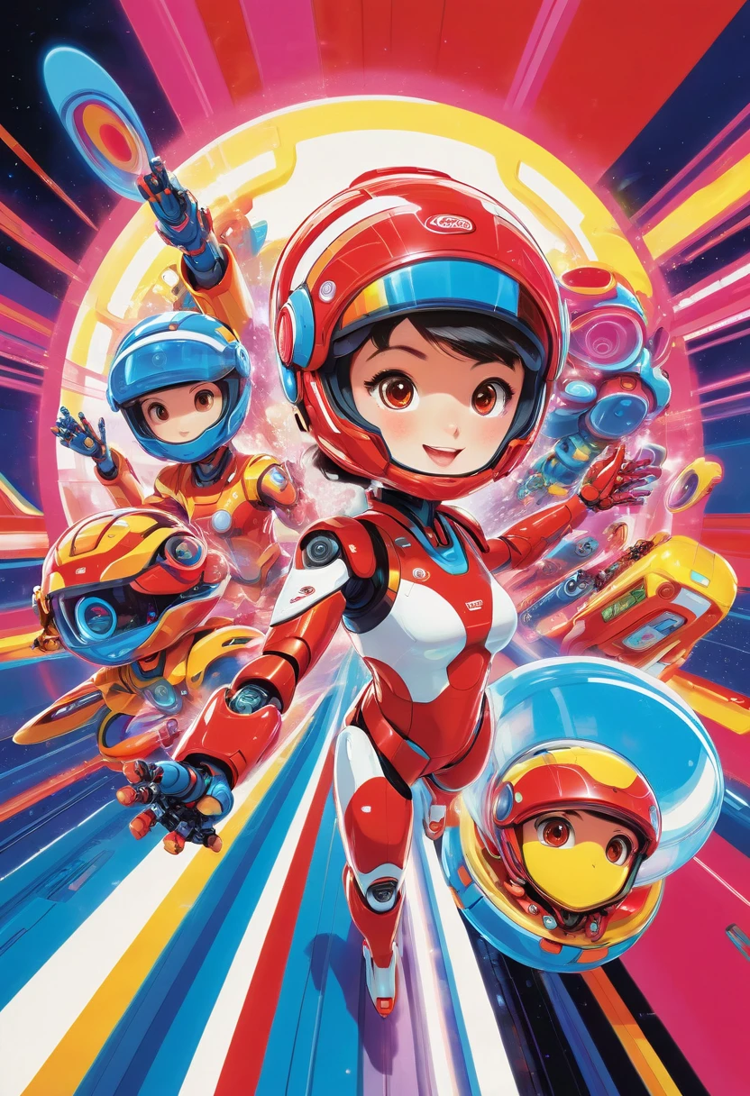 Circular illustration of a vibrant, anime-style scene.   Prominent robot figure, predominantly red and white, with large, expressive eyes. The robot is holding its hand up in a dynamic pose.  A younger figure, clad in a racing-style outfit of blues, yellows, and pinks, is positioned beside and interacting with the robot. Both figures demonstrate cheerful expressions.  The backdrop features a variety of colors, including blues, reds, and yellows, creating a dynamic, energetic composition.  A futuristic spaceship is part of the background imagery, providing a sense of a world beyond. Cartoonish style with exaggerated features and vibrant color palette, indicative of 1970s or 1980s Japanese animation. The figures' expressions are joyful and enthusiastic. Clear lines and bold color choices are key features. Perspective is from an elevated view of the artwork.  The lighting is bright and evenly distributed across the image, giving the illustration a vivid feel. The overall mood is upbeat and adventurous. Materials depicted appear glossy, providing a visual pop.  Detailed helmet helmets with goggles are clear and defined.  The color choices and style are characteristic of Japanese animation.
