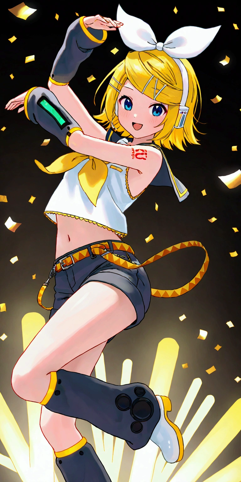 KAGAMINE RIN\(vocaloid\),solo,1female\(cute,kawaii,KAGAMINE RIN\(vocaloid\),light yellow hair, short hair,red tattoo of numbers"02" on shoulder,(big white bow),sleeveless white shirt,detached black arm bell sleeves,(arm sleeves are black bell sleeves:1.2),belt,sailor collar,yellow wide tie,white headphones,black short pants,black knee high leg warmers,yellow key strap at belt,open shoulder,singing and dancing,(very cute pose:1.5),(korean idol pose:1.5),dynamic pose,(very cute big smile),looking away\). BREAK .background\(live stage,colorful confetti,pastel color spotlights,(many colorful music note signs),many audience waving yellow glow sticks,\), BREAK ,quality\(8k,wallpaper of extremely detailed CG unit, ​masterpiece,hight resolution,top-quality,top-quality real texture skin,hyper realisitic,increase the resolution,RAW photos,best qualtiy,highly detailed,the wallpaper,cinematic lighting,ray trace,golden ratio\),RIN is so so cute,dynamic angle,long shot,wide shot,(aerial view:0.8)