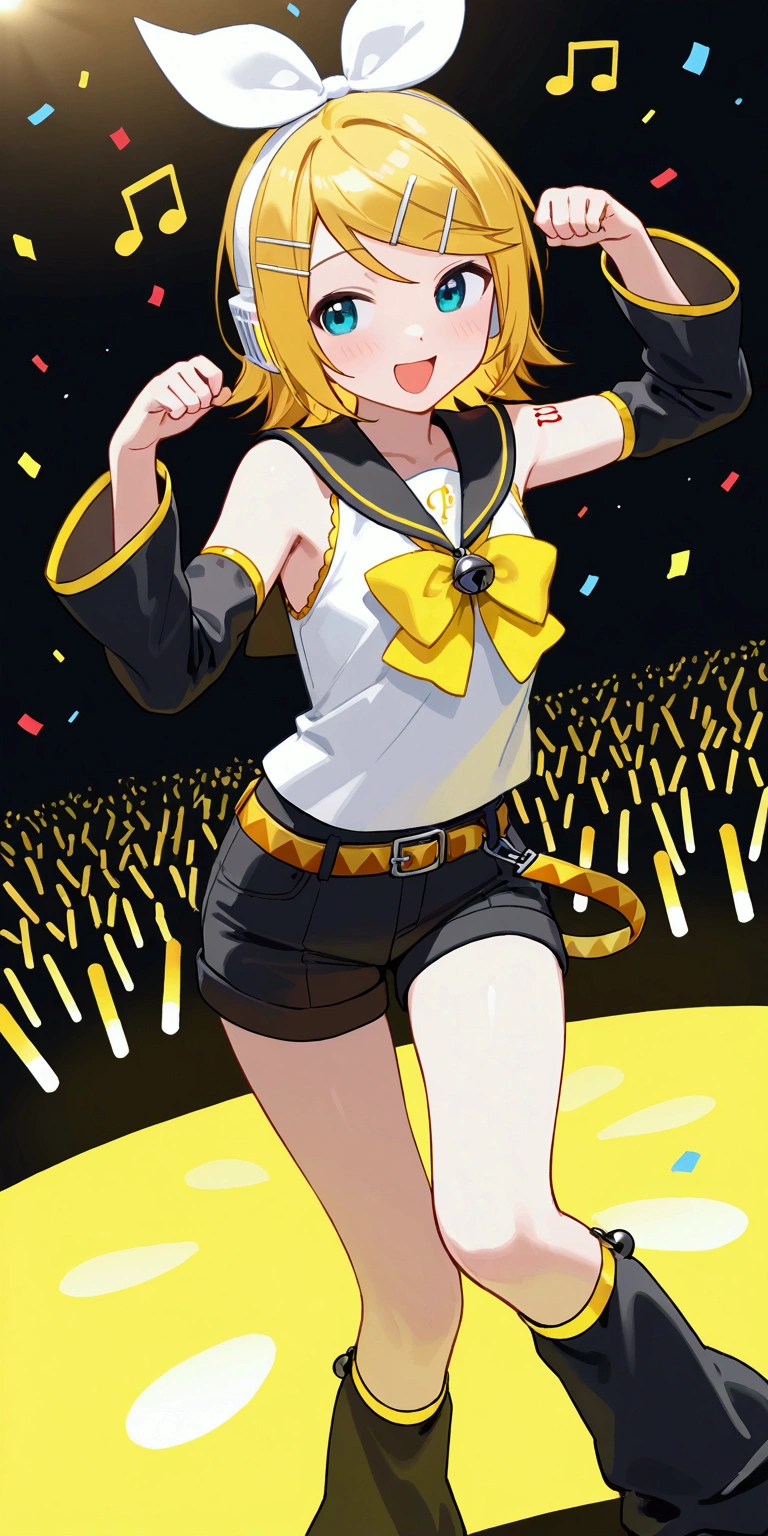 KAGAMINE RIN\(vocaloid\),solo,1female\(cute,kawaii,KAGAMINE RIN\(vocaloid\),light yellow hair, short hair,red tattoo of numbers"02" on shoulder,(big white bow),sleeveless white shirt,detached black arm bell sleeves,(arm sleeves are black bell sleeves:1.2),belt,sailor collar,yellow wide tie,white headphones,black short pants,black knee high leg warmers,yellow key strap at belt,open shoulder,singing and dancing,(very cute pose:1.5),(korean idol pose:1.5),dynamic pose,(very cute big smile),looking away\). BREAK .background\(live stage,colorful confetti,pastel color spotlights,(many colorful music note signs),many audience waving yellow glow sticks,\), BREAK ,quality\(8k,wallpaper of extremely detailed CG unit, ​masterpiece,hight resolution,top-quality,top-quality real texture skin,hyper realisitic,increase the resolution,RAW photos,best qualtiy,highly detailed,the wallpaper,cinematic lighting,ray trace,golden ratio\),RIN is so so cute,dynamic angle,long shot,wide shot,(aerial view:0.8)