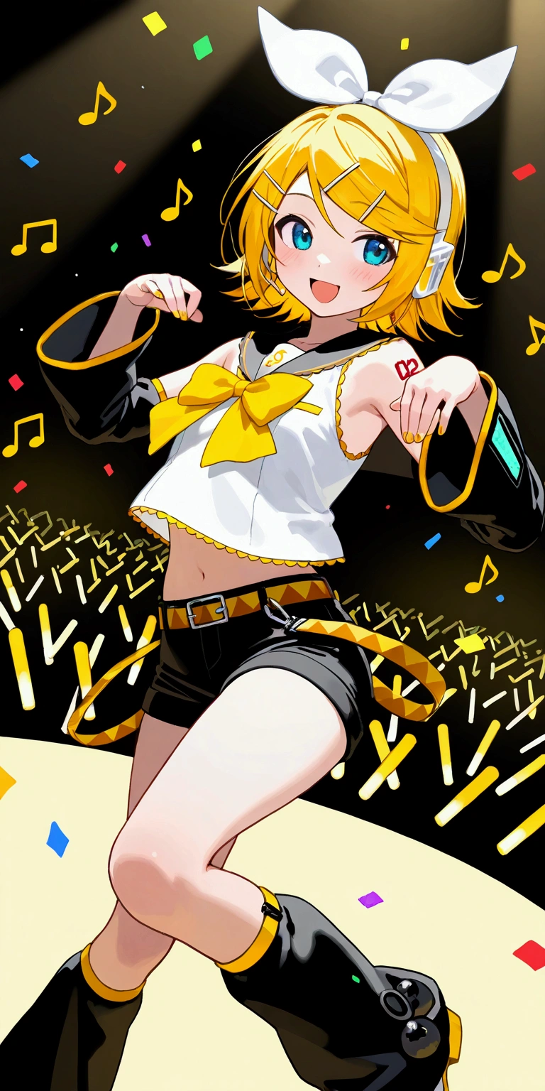 KAGAMINE RIN\(vocaloid\),solo,1female\(cute,kawaii,KAGAMINE RIN\(vocaloid\),light yellow hair, short hair,red tattoo of numbers"02" on shoulder,(big white bow),sleeveless white shirt,detached black arm bell sleeves,(arm sleeves are black bell sleeves:1.2),belt,sailor collar,yellow wide tie,white headphones,black short pants,black knee high leg warmers,yellow key strap at belt,open shoulder,singing and dancing,(very cute pose:1.5),(korean idol pose:1.5),dynamic pose,(very cute big smile),looking away\). BREAK .background\(live stage,colorful confetti,pastel color spotlights,(many colorful music note signs),many audience waving yellow glow sticks,\), BREAK ,quality\(8k,wallpaper of extremely detailed CG unit, ​masterpiece,hight resolution,top-quality,top-quality real texture skin,hyper realisitic,increase the resolution,RAW photos,best qualtiy,highly detailed,the wallpaper,cinematic lighting,ray trace,golden ratio\),RIN is so so cute,dynamic angle,long shot,wide shot,(aerial view:0.8)