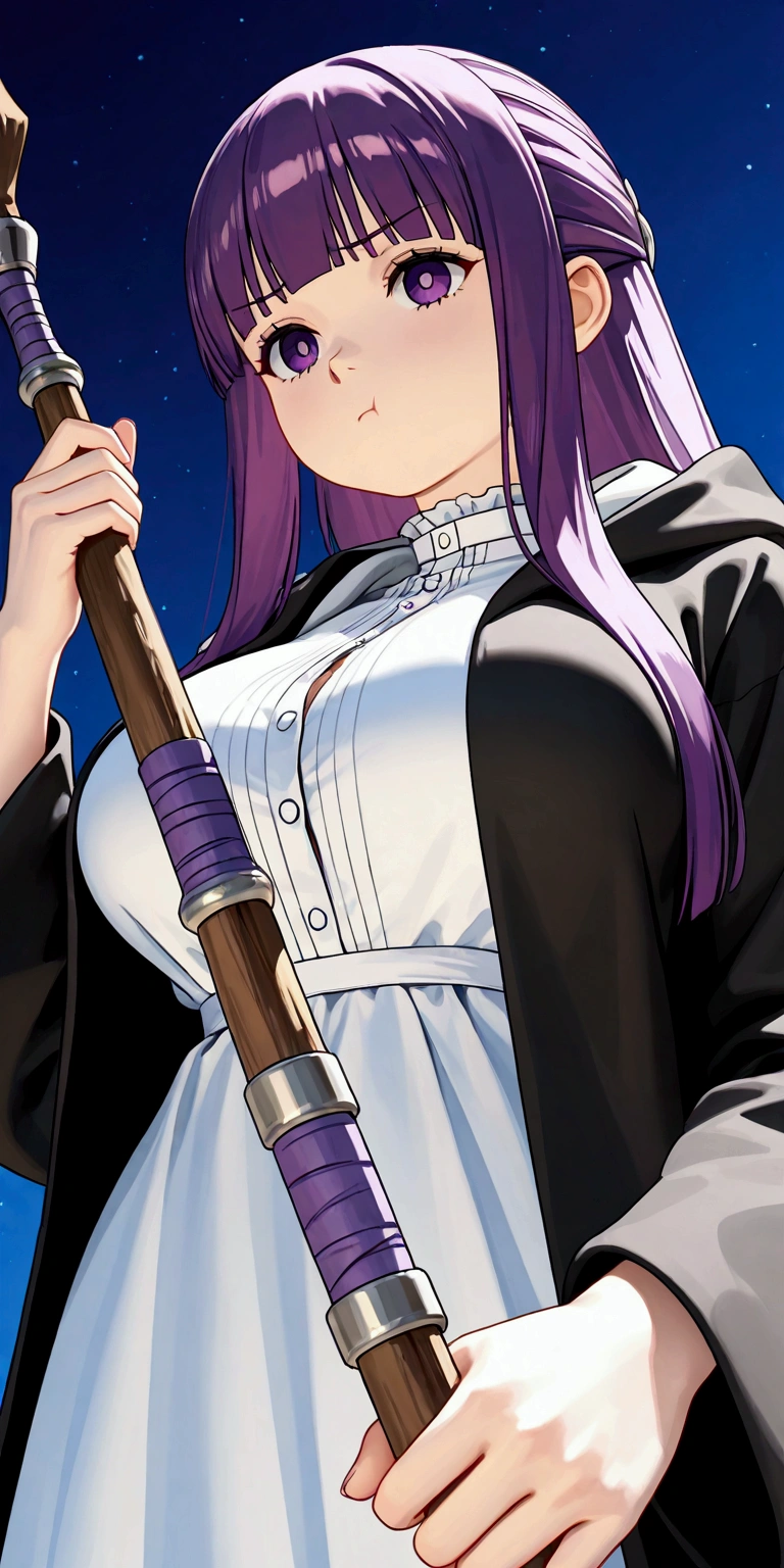 
solo,1girl,fern\(sousou no frieren\),long hair,purple eyes,purple hair,holding wand,bangs,long sleeves,white dress,shirt,wide sleeves, nurefpnxl, breasts,white dress, black coat,:t, pout.3d,(from below),close up of face,forrest,Open space. BREAK .quality\(8k,wallpaper of extremely detailed CG unit, high resolution, top-quality, top-quality real texture skin, hyper realistic, increase the resolution, RAW photos, best quality, highly detailed, the wallpaper, golden ratio, high saturation realism, vibrant colors, dramatic lighting, persuasive storytelling, atmospheric scenery, captivating visuals, intricate details, strong emotions, dreamlike world\)