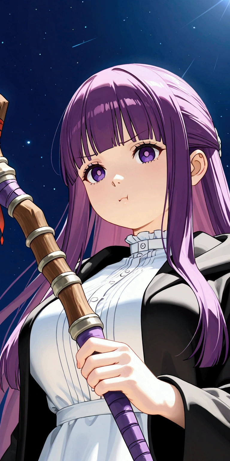 
solo,1girl,fern\(sousou no frieren\),long hair,purple eyes,purple hair,holding wand,bangs,long sleeves,white dress,shirt,wide sleeves, nurefpnxl, breasts,white dress, black coat,:t, pout.3d,(from below),close up of face,forrest,Open space. BREAK .quality\(8k,wallpaper of extremely detailed CG unit, high resolution, top-quality, top-quality real texture skin, hyper realistic, increase the resolution, RAW photos, best quality, highly detailed, the wallpaper, golden ratio, high saturation realism, vibrant colors, dramatic lighting, persuasive storytelling, atmospheric scenery, captivating visuals, intricate details, strong emotions, dreamlike world\)