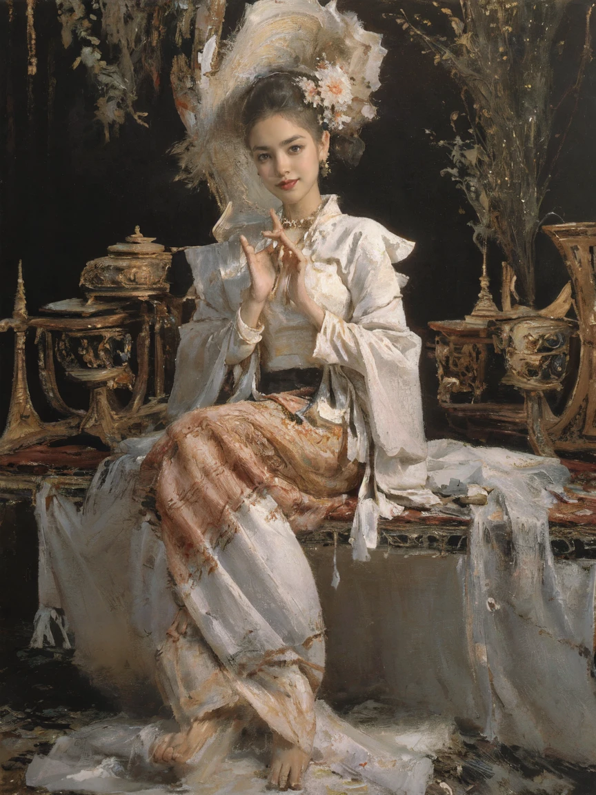  Queen, full body display, leaning against the ruins, with floating bat all around the background. The Queen's expression  enchanting, her posture  seductive, her hand  holding her face, and there  a flicker of evil energy runes in the background, blood mist filled, and soft light. Myanmar traditional royal dress, Official art, unit 8 k wallpaper, ultra detailed, beautiful and aesthetic, masterpiece, best quality, extremely detailed, dynamic angle, paper skin, radius, iuminosity, cowboyshot, the most beautiful form of Chaos, elegant, a brutalist designed, visual colors, romanticism, by James Jean, roby dwi antono, cross tran, francis bacon, Michael mraz, Adrian ghenie, Petra cortright, Gerhard richter, Takato yamamoto, ashley wood, atmospheric,  flowers in full bloom, atmosphere, rich details, full body lens, shot from above, shot from below, detail background, perfect face, exquisite facial features, high detail, smile, Fisheye lens, dynamic angle, dynamic posture