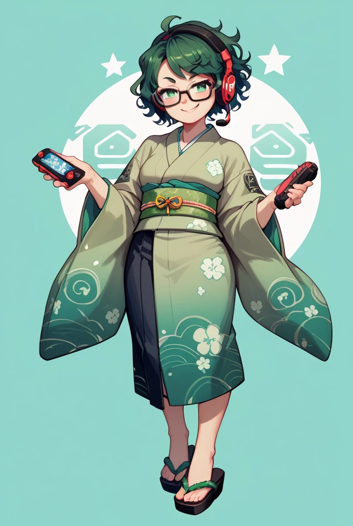 Japanese woman, one person, black wavy hair, semi-short hair, wearing glasses, Front facing, gaming headset, full body image, deep green Japanese-kimono, icon, smug face, 