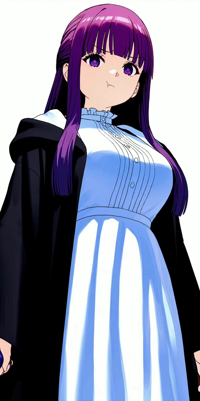 
solo,1girl,fern\(sousou no frieren\),long hair,purple eyes,purple hair,holding wand,bangs,long sleeves,white dress,shirt,wide sleeves, nurefpnxl, breasts,white dress, black coat,:t, pout.3d,(from below),close up of face,forrest,Open space. BREAK .quality\(8k,wallpaper of extremely detailed CG unit, high resolution, top-quality, top-quality real texture skin, hyper realistic, increase the resolution, RAW photos, best quality, highly detailed, the wallpaper, golden ratio, high saturation realism, vibrant colors, dramatic lighting, persuasive storytelling, atmospheric scenery, captivating visuals, intricate details, strong emotions, dreamlike world\)