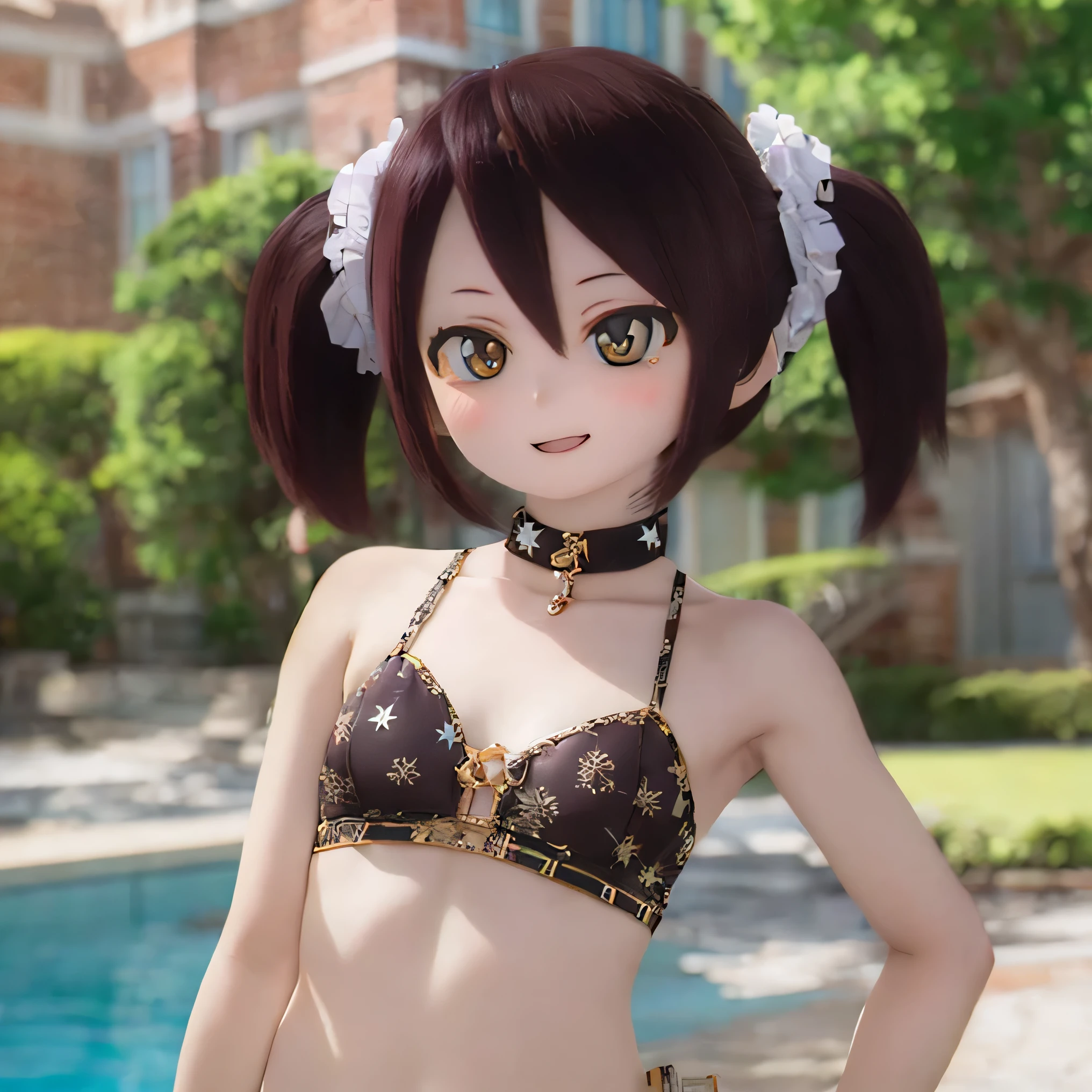 masterpiece, ultra high quality CG, best quality, perfect picture, solo, Duvalie (brown hair with braided buns, green eyes, bustier, cute, small breasts), sexy black and red bikini, at the seashore, summer day, wet, sweat, blushing, arms up, armpits, looking at viwer,