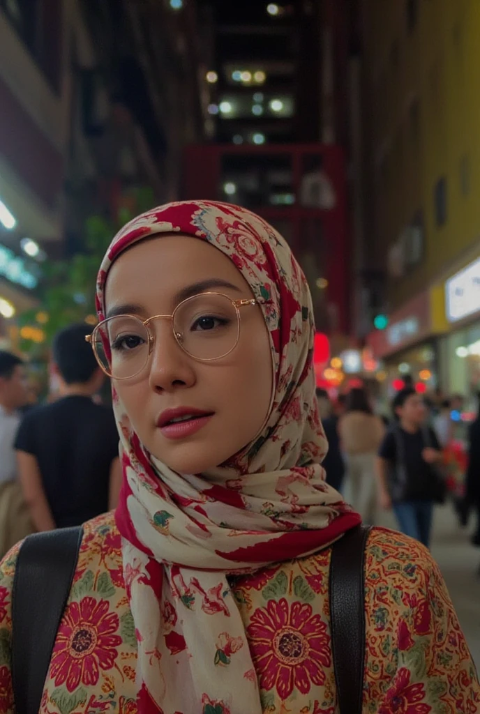 woman muslim hijab walking at street, a realistic photo of a [very pretty 26 year old woman], wearing [thick nerd glasses], light makeup, looking [innocent, cute, flushed], [light] skin 