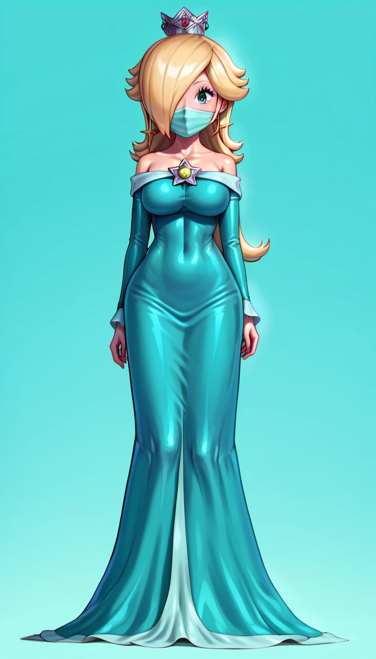 score_9, score_8_up, score_7_up, zPDXL,  Illuminationstyle, 1girl,  1girl, (Rosalina /(illumination/)), Illumination style, princess Rosalina from súper Mario lore, large breast, (RslnDef, hair over one eye, crown, bare shoulders, off-shoulder dress, long sleeves, blue dress, long dress, aqua dress), flirt, gaze, half-closed eyes, makeup, (full bodies in view), complete body view, stand up, standing, from front, front view, complete body view,  Open (arms behind the back:1), ( armbinder), black tight mask, wrapped tight mask, tight wrap mask.