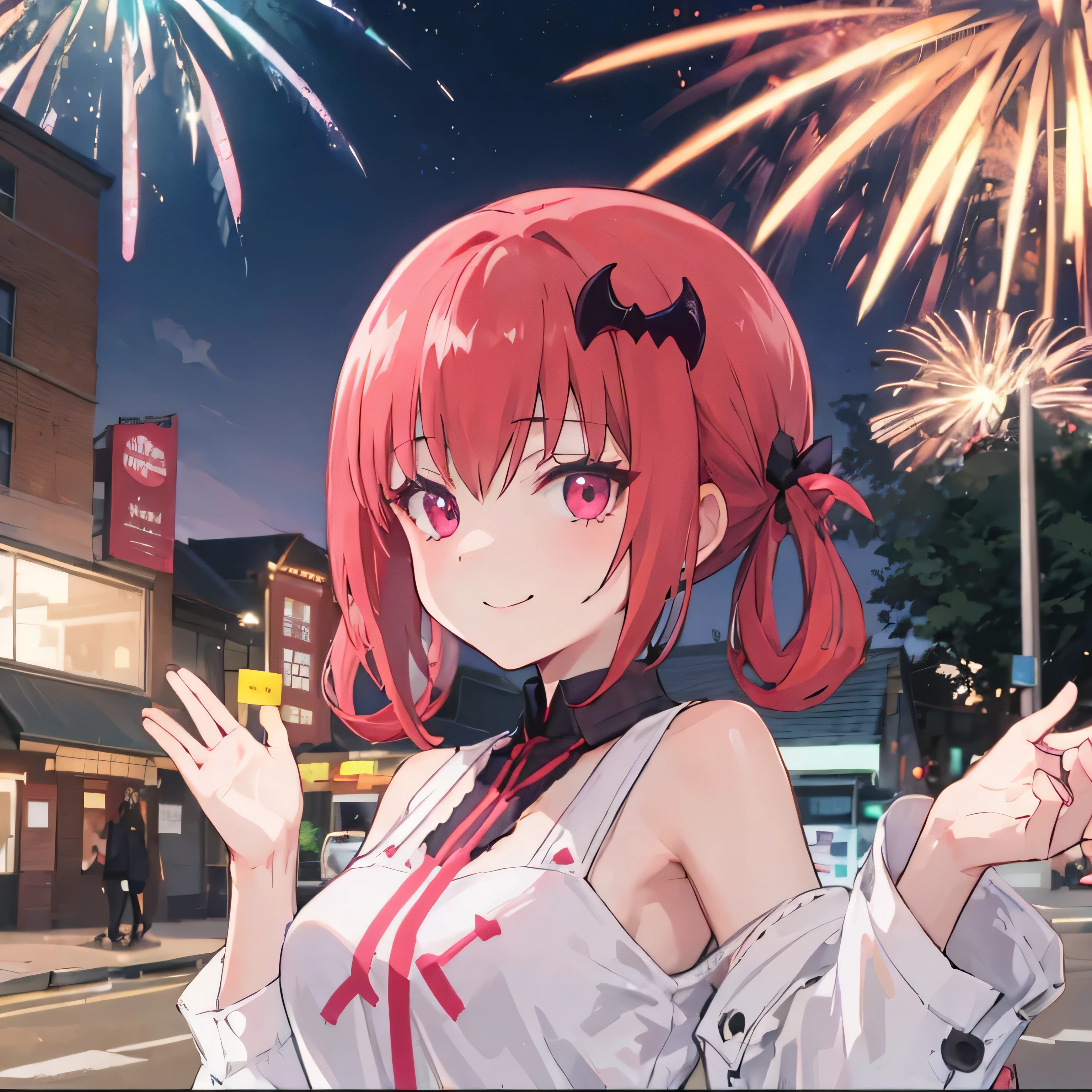 New Year fireworks night 
On the street 
Satanichia McDowell
Dressed
white casual wear and a
black shoulder blouse 


Magenta eyes

long red hair tied with 2 pigtails

perfect hands and detailed arms 

Beautiful lonely girl
with a beautiful smile 
Gentle look