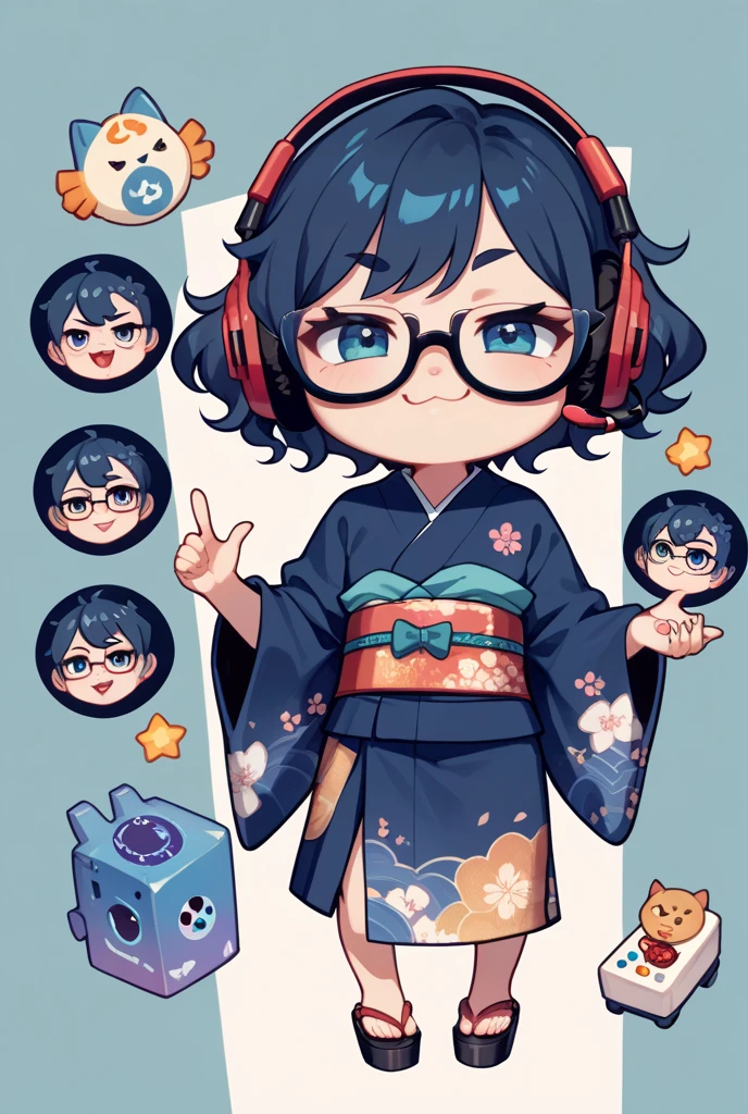 Japanese woman, one person, black wavy hair, semi-short hair, wearing glasses, Front facing, gaming headset, full body image, dark blue Japanese-kimono, icon, chibi, kawaii, smug face, 