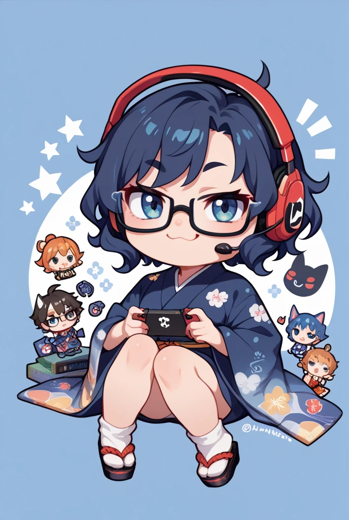 Japanese woman, one person, black wavy hair, semi-short hair, wearing glasses, Front facing, gaming headset, full body image, dark blue Japanese-kimono, icon, chibi, kawaii, smug face, 