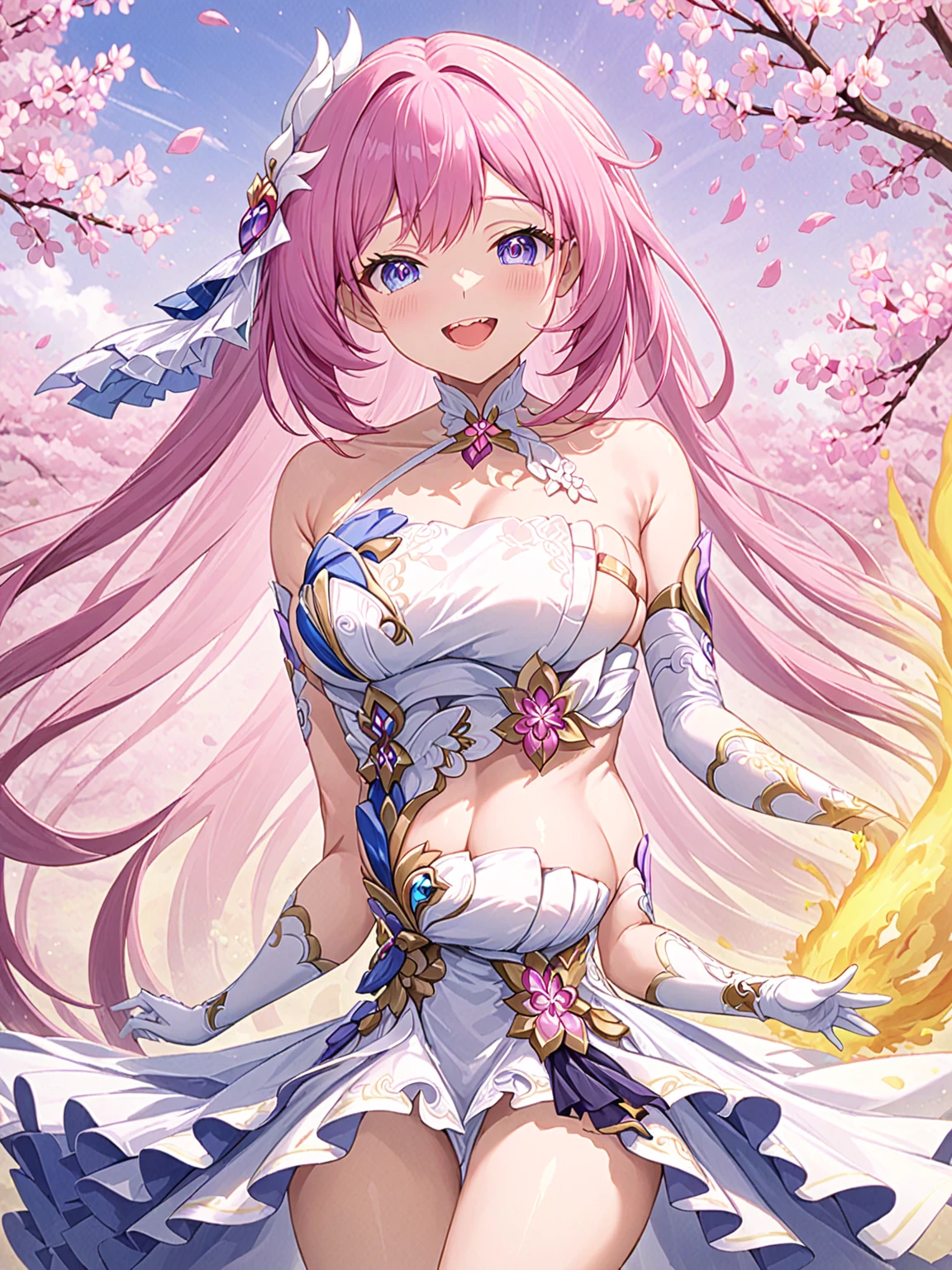 1girl, elysia \(honkai impact\), solo, smile, looking at viewer, gloves, white gloves, dress, sky, white dress, cleavage, bare shoulders, breasts, blue sky, cherry blossoms, cloud, grin, :d, outdoors, cloudy sky, elbow gloves, teeth, tree, upper body, open mouth((velocIty)),Yellow smoke,Attacked by farts, ((girl stand)),velocIty,(Yellow smoke Is rIsIng) gIrl smells a fart and smIled frowned)),((fart whIle traInIng)),((blushIng)),(masterpIece:1.2、top-qualIty)