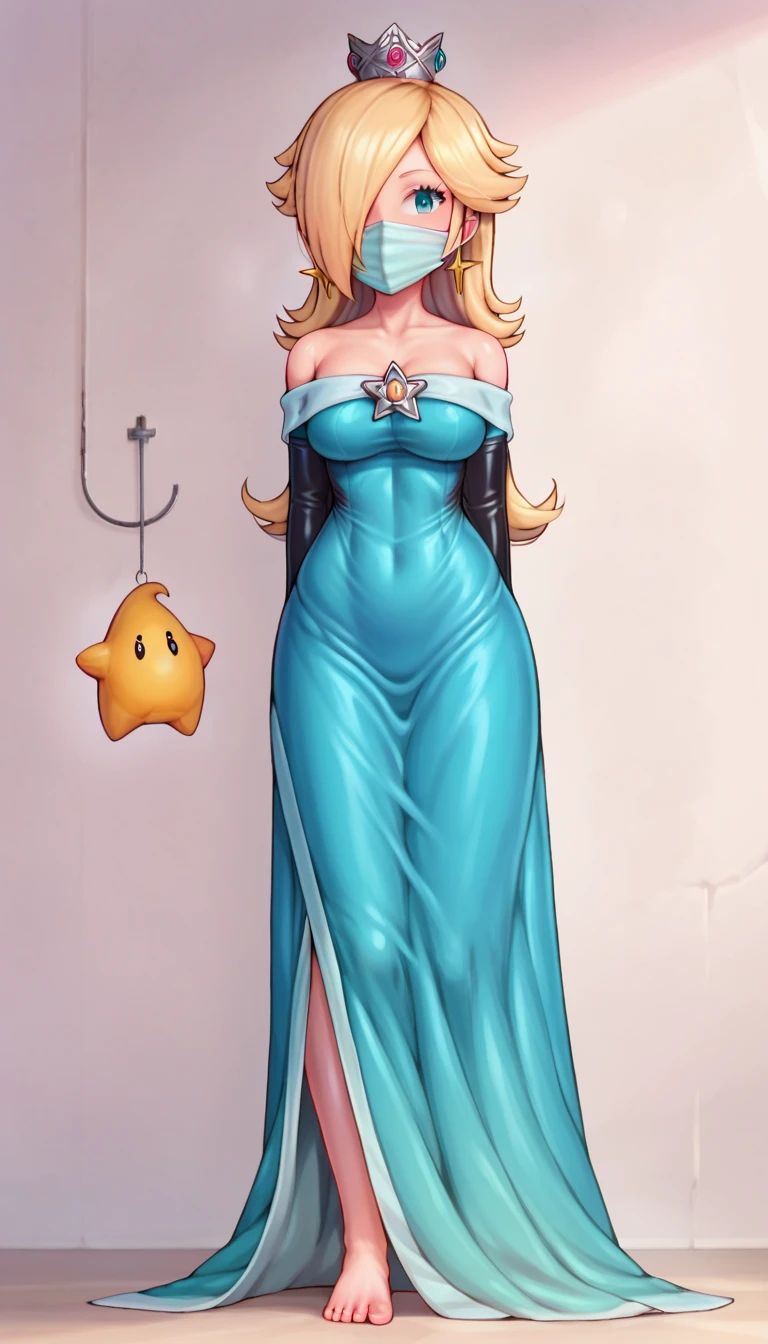 score_9, score_8_up, score_7_up, zPDXL,  Illuminationstyle, 1girl,  1girl, (Rosalina /(illumination/)), Illumination style, princess Rosalina from súper Mario lore, large breast, (RslnDef, hair over one eye, crown, bare shoulders, off-shoulder dress, long sleeves, blue dress, long dress, aqua dress), flirt, gaze, half-closed eyes, makeup, (full bodies in view), complete body view, stand up, standing, from front, front view, complete body view,  Open (arms behind the back:1), ( armbinder), black tight mask, wrapped tight mask, tight wrap mask.