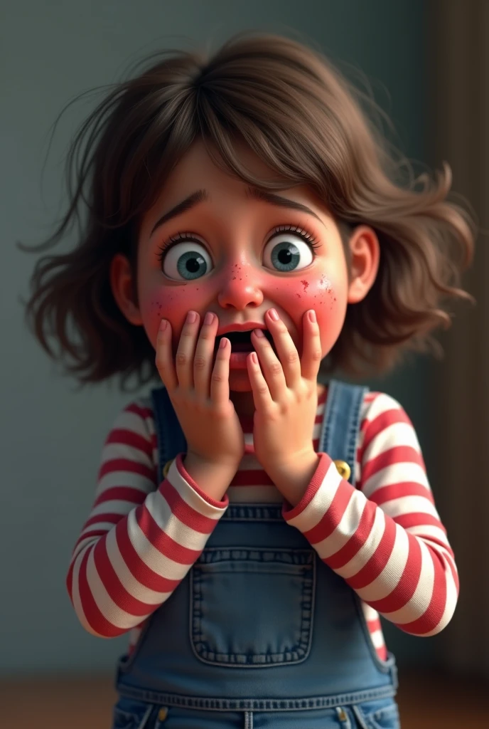 I want a photo of an emotion from the pixar movie,It's one with pink hair,with white and blue bow in her hair,dressed in dress,a white boot,and a school bag.