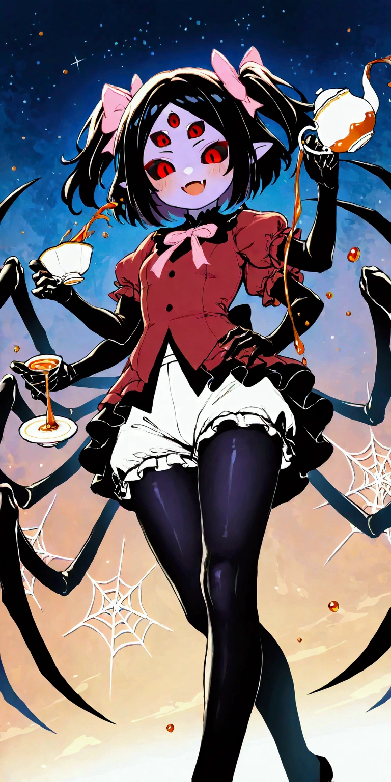 solo,1girl\(muffet\(under tale\),cute,chibi,monster girl,purple skin,humanoid, arachnid, anthro,(fangs),twin tails,hair bow,5 eyes,spider girl,6 arms, 6 hands,black sclera,red eyes, evil smile, clothed, holding teapot, holding teacup,beautiful spider webs, tight red shirts,pink ribbon tie, tight pink bloomers,pouring tea into teacup,black arm cover, black pantyhose,\), from below,cute pose,small spiders,dynamic angle. BREAK .quality\(8k,wallpaper of extremely detailed CG unit, high resolution, top-quality, top-quality real texture skin, hyper realistic, increase the resolution, RAW photos, best quality, highly detailed, the wallpaper, golden ratio, high saturation realism, vibrant colors, dramatic lighting, persuasive storytelling, atmospheric scenery, captivating visuals, intricate details, strong emotions, dreamlike world\)