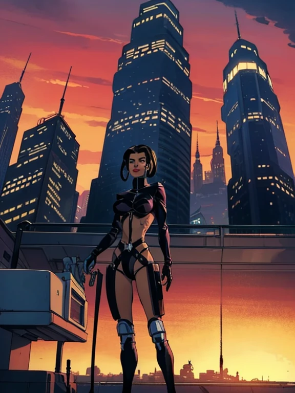 FAITHFUL IMAGE OF AEON FLUX,  king , linda, smiling, she is happy,  ultra detailed , she is,  SHE STANDS ON THE EDGE OF A TERRACE OF AN ULTRA-FUTURISTIC BUILDING LOOKING UP AT THE SKY ,  SHE'S POINTING HER FINGER AT THE GROUND LOOKING AT THE INDUSTRIAL CITY , THERE ARE buildings rounded in a ,  ultra-futuristic megalopolis city , Industrial environment,  cyberpunk style,  orange sky ,  the city has many metallic buildings with mirrored glass in light colors that reflect sunlight, alien architecture ,  the city has shades of metallic gray ,  has beautiful metal structures ,  dark ultrafuturist cars on the streets , desert megalopolis,  many rounded buildings high on the horizon ,  tall futuristic metal buildings , WIRED POSTS ,  traffic lights ,  many ultramodern buildings surrounding ,  as realistic as possible,  As detailed as possible , Science fiction,  there are 2 planets in the sky through the dense atmosphere ,  orange sky 
