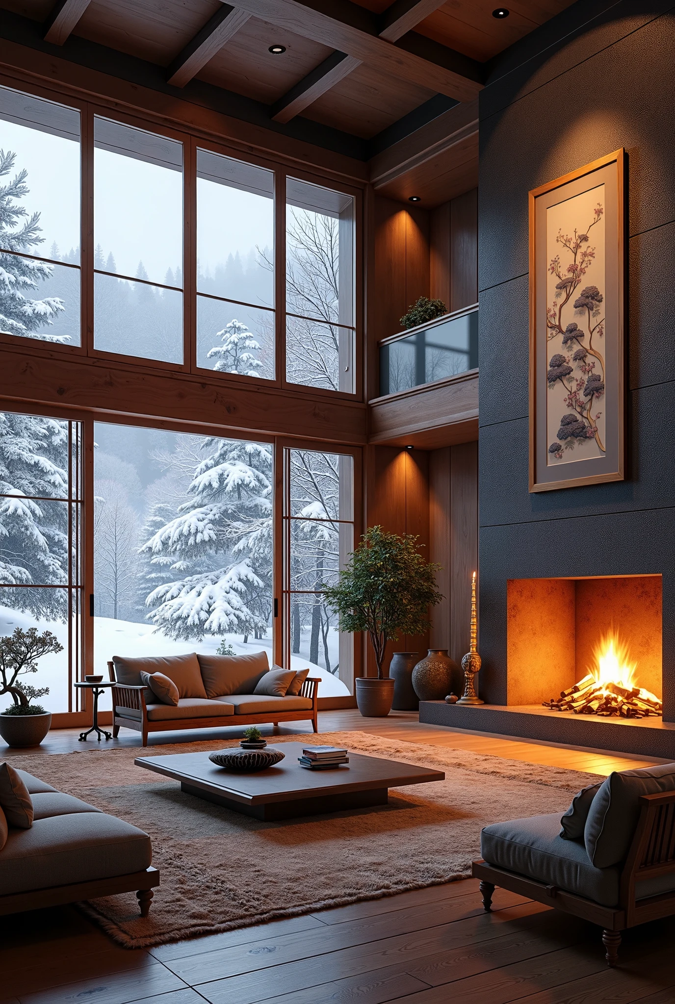 Arafed living room with a fireplace and a large window - SeaArt AI
