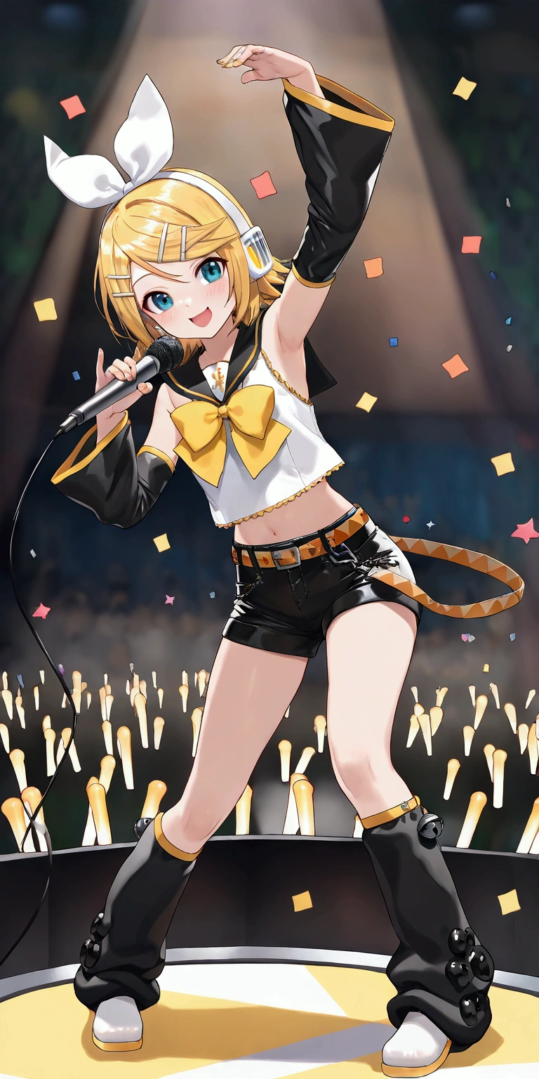 KAGAMINE RIN\(vocaloid\),solo,1female\(cute,kawaii,KAGAMINE RIN\(vocaloid\),chibi,light yellow hair, short hair,red tattoo of numbers"02" on shoulder,(big white bow),sleeveless white shirt,detached black arm bell sleeves,(arm sleeves are black bell sleeves:1.2),belt,sailor collar,yellow wide tie,white headphones,black short pants,black knee high leg warmers,yellow key strap at belt,open shoulder,singing and dancing,(very cute pose:1.5),(korean idol pose:1.5),dynamic pose,(very cute big smile),dynamic action\). BREAK .background\(live stage,colorful confetti,pastel color spotlights,(many colorful music note signs),many audience waving yellow glow sticks,\). BREAK .quality\(8k,wallpaper of extremely detailed CG unit, high resolution, top-quality, top-quality real texture skin, hyper realistic, increase the resolution, RAW photos, best quality, highly detailed, the wallpaper, golden ratio, high saturation realism, vibrant colors, dramatic lighting, persuasive storytelling, atmospheric scenery, captivating visuals, intricate details, strong emotions, dreamlike world\)