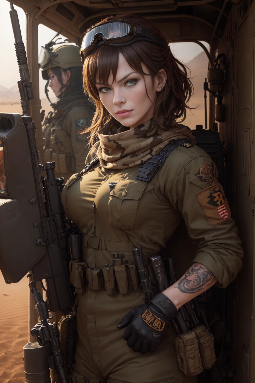 ((masterpiece, highest quality, Highest image quality, High resolution, photorealistic, Raw photo, Extremely detailed CG unified 8k wallpaper)), (huge stunning goddess shot, very hot and sexy, jaw-dropping beauty, perfect proportions, beautiful body, slim body beauty:1.4), (a lot of freckles on face), (a sexy young woman dressed as an armored vehicle driver's uniform), (Various stickers and marks on the uniform), (revealing_clothes), (wearing combat helmet and goggles, Scarf), (Face with camouflage cream, skin that sweat a lot), (a calm expression with a slight smile), (Detailed Tattoo, Irezumi, tattoo, tattoo), (with a large machine gun in her's hand) (Sahara Desert in Africa, Sandstorms), (a fierce battle on the battlefield), Milla Jovovich