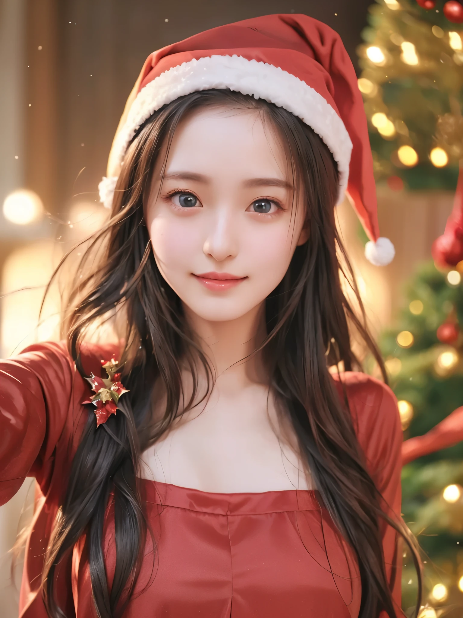 top quality、 super high resolution 、(Photographically: 1.4)、 beautiful eyes、 very beautiful 、 shiny hair 、Thin hair、 Merry Christmas 、 Christmas tree、smile、(( red Santa Claus costume 、Santa hat、Forehead))
