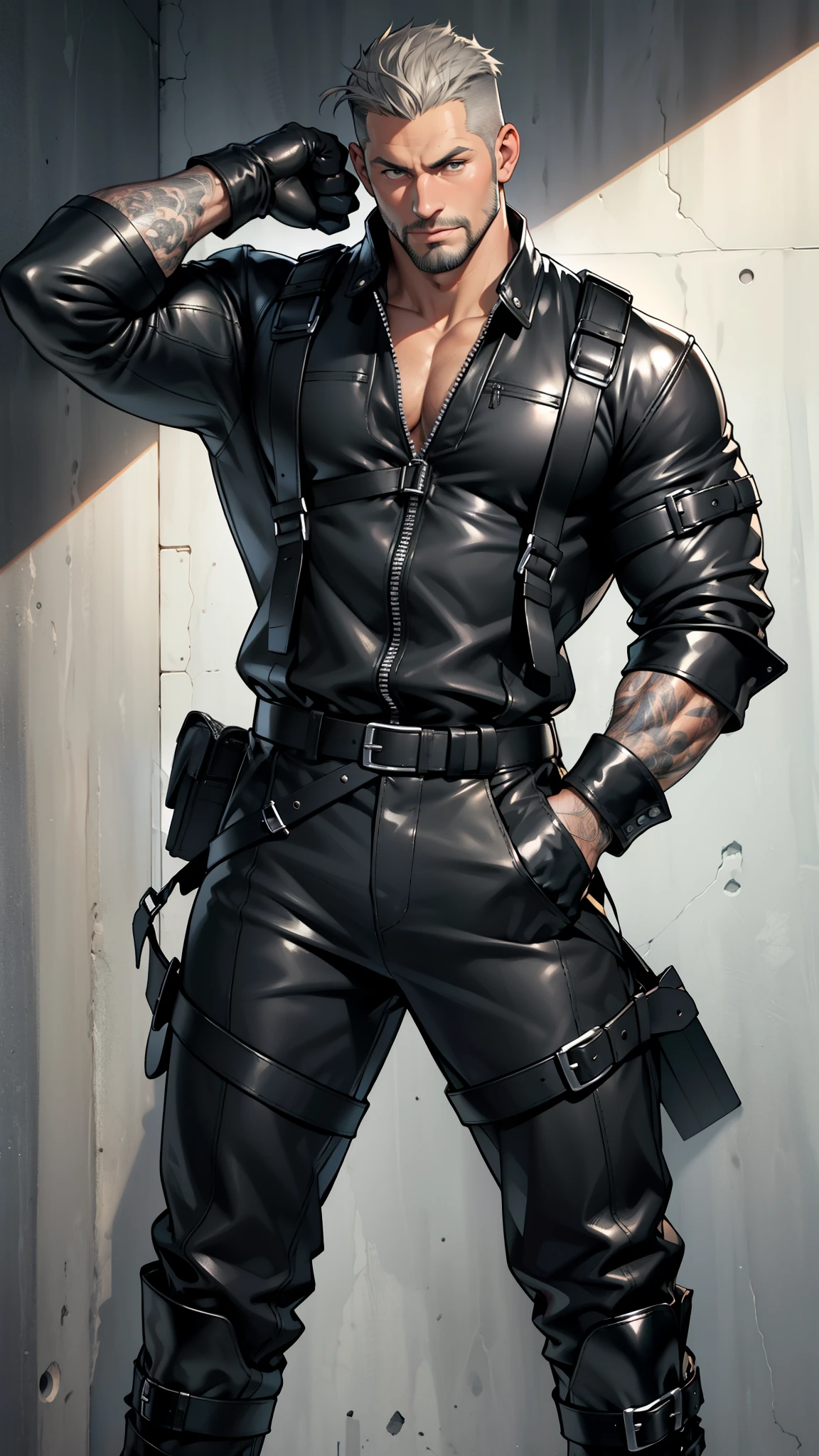 mature man ,45 years old,height 2 meters, full height, Short grey hair, shaved whiskey. slag, muscular, huge pectoral muscles , broad shoulders , Thick-chested ,( big lump in the groin :1.5), leather harness , boots black fitted leather jumpsuit, black helmet and moto ,spin ,black
gloves , Obscene language , indecent pose ,male gaze, masterpiece fails , high sharpness , high detail , black leather jumpsuit in panoramic view Decorative line style, pretty face, short beard.