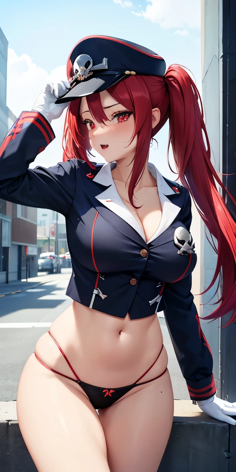 1 Female,High definition,high resolution,Ultra-realistic,8K, 1girl, solo, red hair, red eyes, twintails, employee uniform, skull print, navy cap, fang, black thong, white gloves, large breasts,European,sexy,Photographed from the front,Dynamic Angles,(blush), (medium tits) , multicolored hair 