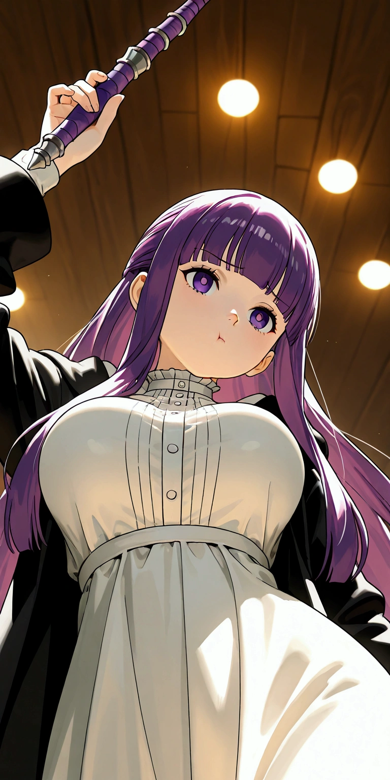 
solo,1girl,fern\(sousou no frieren\),long hair,purple eyes,purple hair,holding wand,bangs,long sleeves,white dress,shirt,wide sleeves, nurefpnxl, breasts,white dress, black coat,:t, pout.3d,(from below),close up of face,forrest,Open space. BREAK .quality\(8k,wallpaper of extremely detailed CG unit, high resolution, top-quality, top-quality real texture skin, hyper realistic, increase the resolution, RAW photos, best quality, highly detailed, the wallpaper, golden ratio, high saturation realism, vibrant colors, dramatic lighting, persuasive storytelling, atmospheric scenery, captivating visuals, intricate details, strong emotions, dreamlike world\)