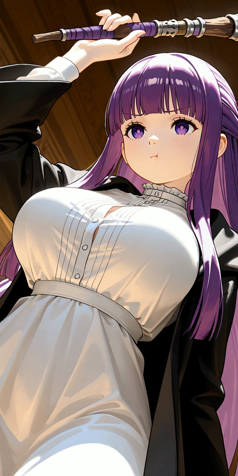 
solo,1girl,fern\(sousou no frieren\),long hair,purple eyes,purple hair,holding wand,bangs,long sleeves,white dress,shirt,wide sleeves, nurefpnxl, breasts,white dress, black coat,:t, pout.3d,(from below),close up of face,forrest,Open space. BREAK .quality\(8k,wallpaper of extremely detailed CG unit, high resolution, top-quality, top-quality real texture skin, hyper realistic, increase the resolution, RAW photos, best quality, highly detailed, the wallpaper, golden ratio, high saturation realism, vibrant colors, dramatic lighting, persuasive storytelling, atmospheric scenery, captivating visuals, intricate details, strong emotions, dreamlike world\)