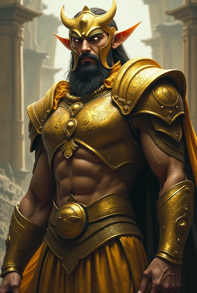 Create an image of Tosakan (Ravana), the ten-headed giant from Thai mythology, in a traditional Thai art style. He should be depicted with a metallic armor structure that showcases both strength and elegance. The armor should have intricate and ornate patterns inspired by traditional Thai designs. Tosakan should be standing tall and majestic, exuding a sense of grace and power. His posture should be commanding, and his presence should be both awe-inspiring and beautiful.