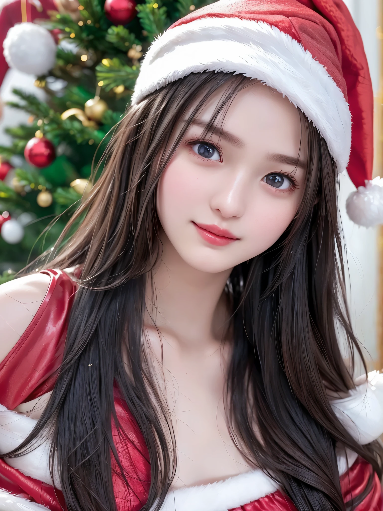 top quality、 super high resolution 、(Photographically: 1.4)、 beautiful eyes、 very beautiful 、 shiny hair 、Thin hair、 Merry Christmas 、 Christmas tree、smile、(( red Santa Claus costume 、Santa hat、Forehead))