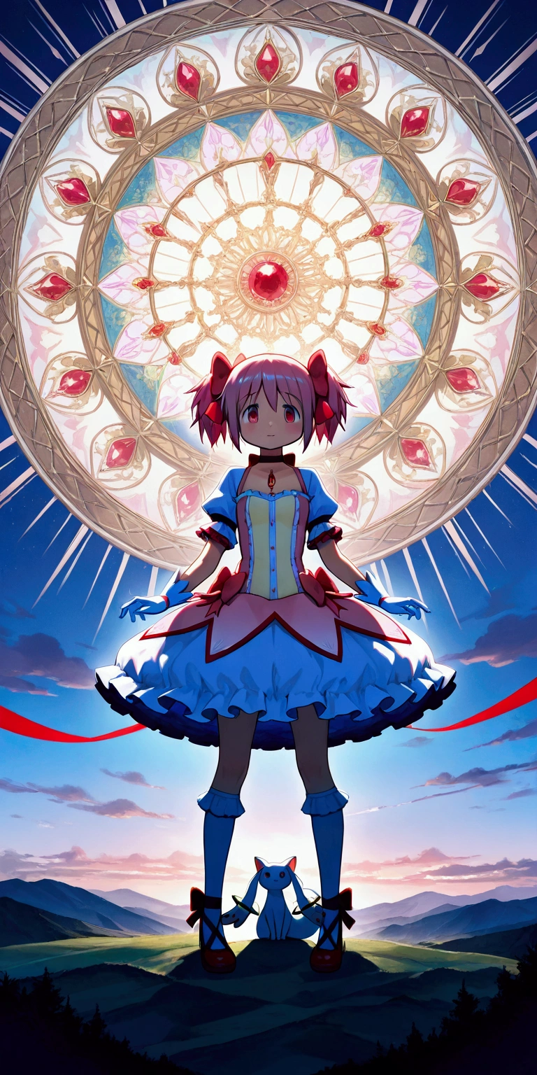 kaname_madoka\(Puella Magi Madoka Magica,(magical_girl costume:1.3),(chibi:0.5),pink short twin tails,bows,open shoulder dress with frill,backward ribbon at neck,white grove,red jewel at middle of clavicle\) is standing with confused face losting her way, showing full body to viewer,Kyubey by her BREAK ,colorful and geometric and chaotic background of messy chaotic gothic shadow puppet castles,(in a very psychedelic nightmare). BREAK .quality\(8k,wallpaper of extremely detailed CG unit, high resolution, top-quality, top-quality real texture skin, hyper realistic, increase the resolution, RAW photos, best quality, highly detailed, the wallpaper, golden ratio, high saturation realism, vibrant colors, dramatic lighting, persuasive storytelling, atmospheric scenery, captivating visuals, intricate details, strong emotions, dreamlike world\).(long shot),wide shot,landscape,blured background,(art by Maurits Escher:1.3)