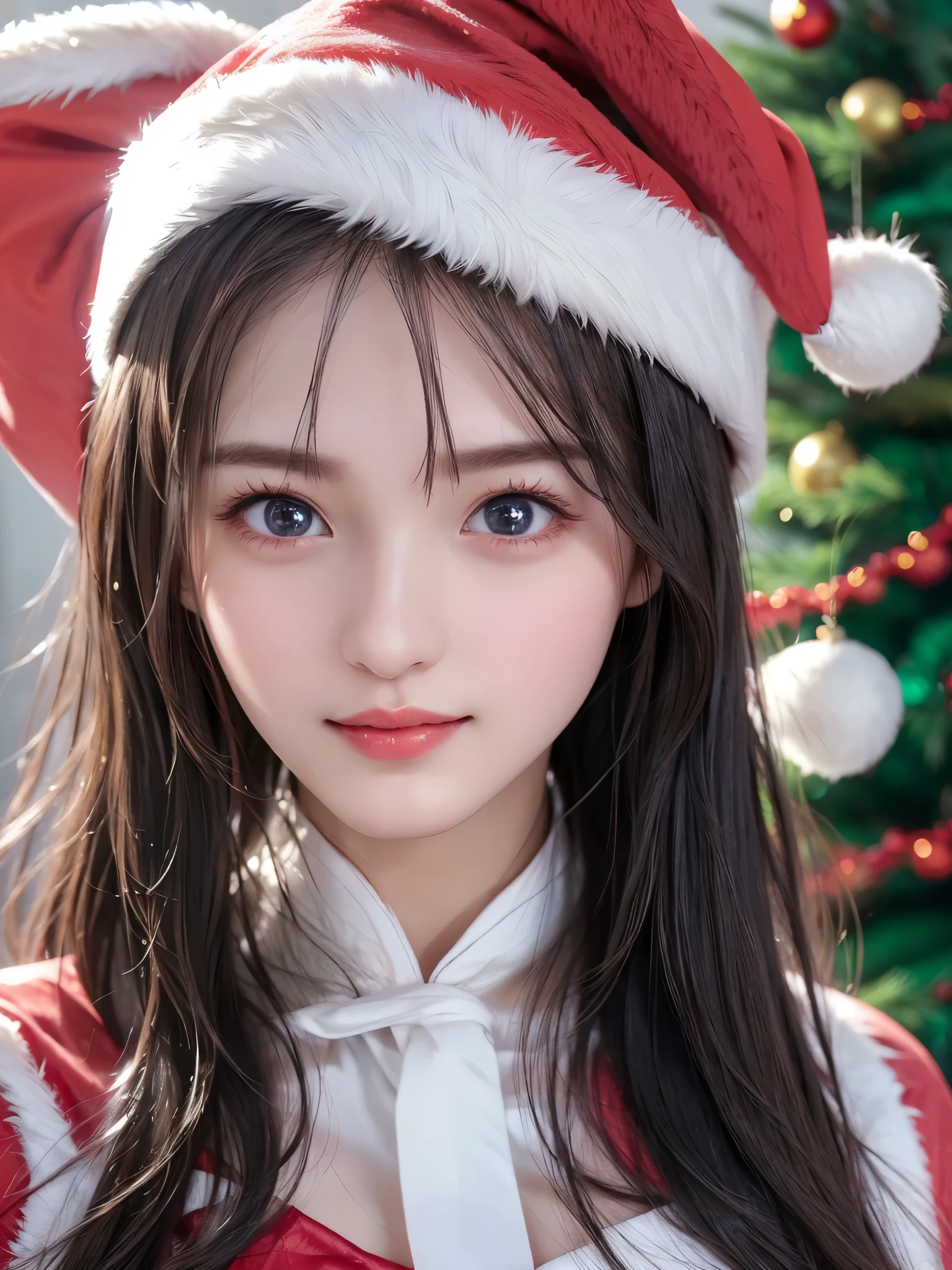  top quality、 super high resolution 、(Photographically: 1.4)、 beautiful eyes、 very beautiful 、 shiny hair 、Thin hair、 Merry Christmas 、 Christmas tree、smile、(( red Santa Claus costume 、Santa hat、Forehead))