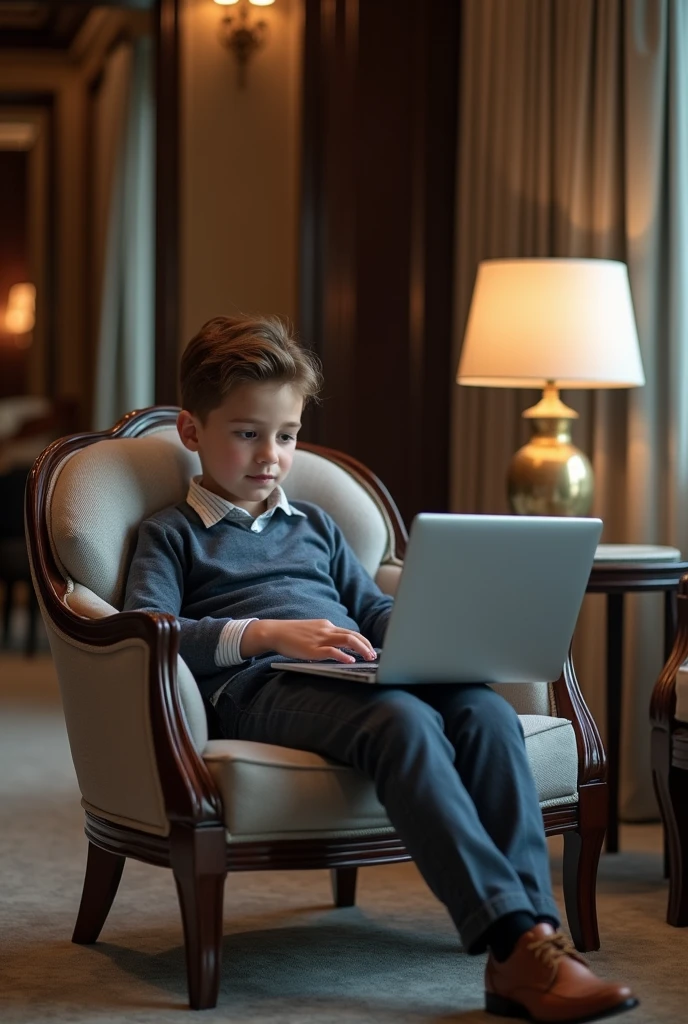 Create a 3D illustration of an Young child sitting casually in a Diamond luxurious Facebook office on a luxury chair with laptop. The character must wear casual modern clothing such as jeans jacket and sneakers shoes.with black sunglasess The background of the image is a social media profile page with a username "Bexruz Hack" and a profile picture that match.ultra-detailed, ultra realistic, hyper maximalist, super detailed ,cinema quality, Sony A7S III, f/ 8. 0, 1/ 200, sharp focus.