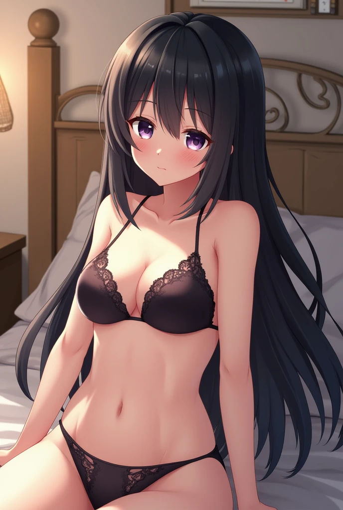 8K Photograph, FULL HDR,1girl, Yukinoshita Yukino, Thicc ass, ((LAYING DOWN ON BED SHOWING ASS)), wearing swimsuit, long hair , looking at the camera, smile