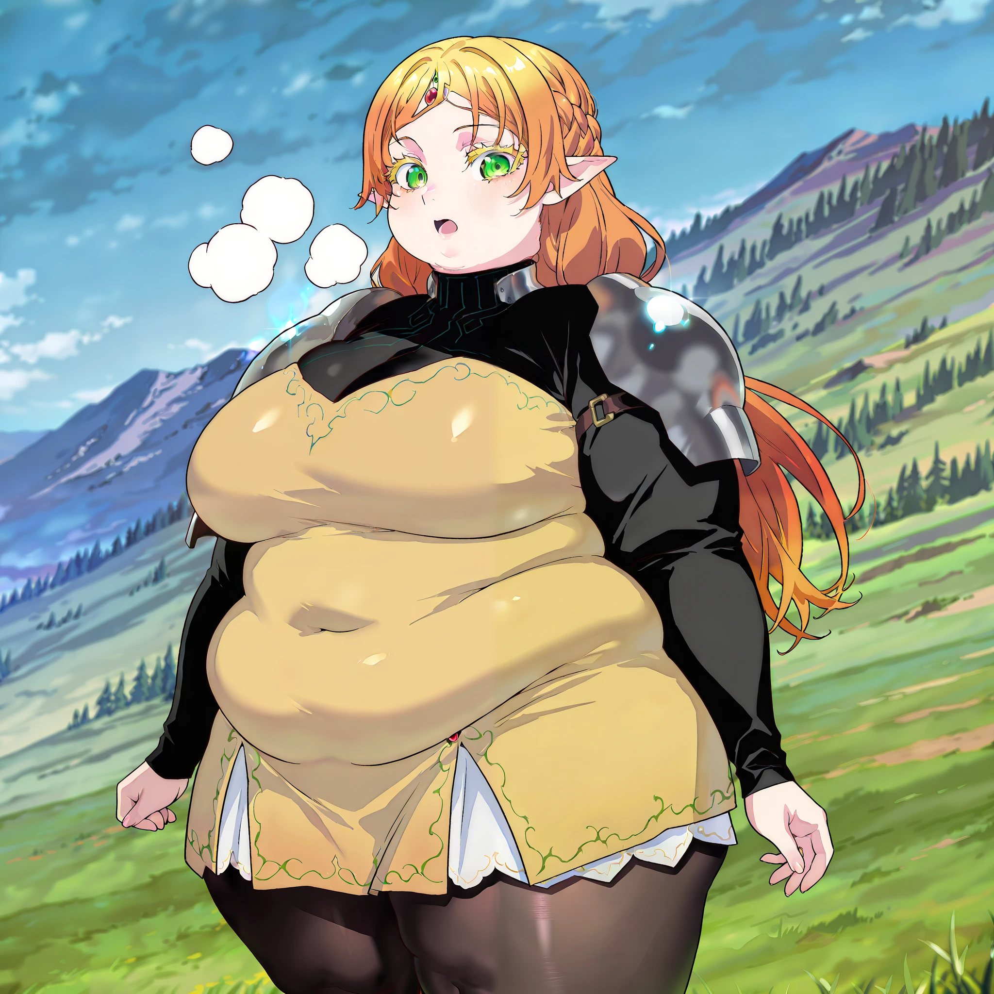 Anime character with a huge belly in a field with mountains in the ...