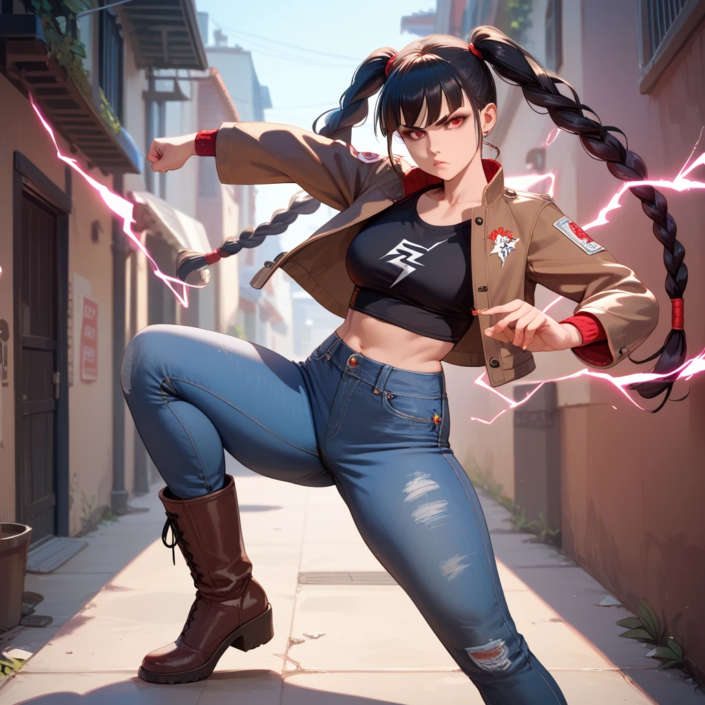 1 girl, black hair, long pigtails, tall, red eyes, young lady, plump lips, slim waist, medium breasts, thick thighs, wide hips, black crop top, brown cropped jacket, open jacket, skinny jeans, brown boots, serious expression, fighting stance, karate stance, fists raised, emitting red electricity, day, in alley , UHD, Masterpiece, absurdres