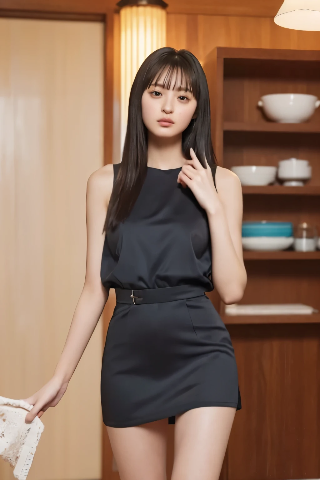 Highest quality,masterpiece,Ultra-high resolution,(Actual:1.4),Ultra-high resolution,8k,There are a women ,(head size:0.2),(Body slimness:0.5) ,She closes her eyes。 open her mouth 、(She is in a state of sexual arousal:1.2)、 Fair skin, Long legs:1.5,high waist、 She is wearing black dresses。 Is it backlit 、 semi-backlit photo 、 Inside a Dim Room 、She running her fingers through her hair. Photo from the thigh up、
