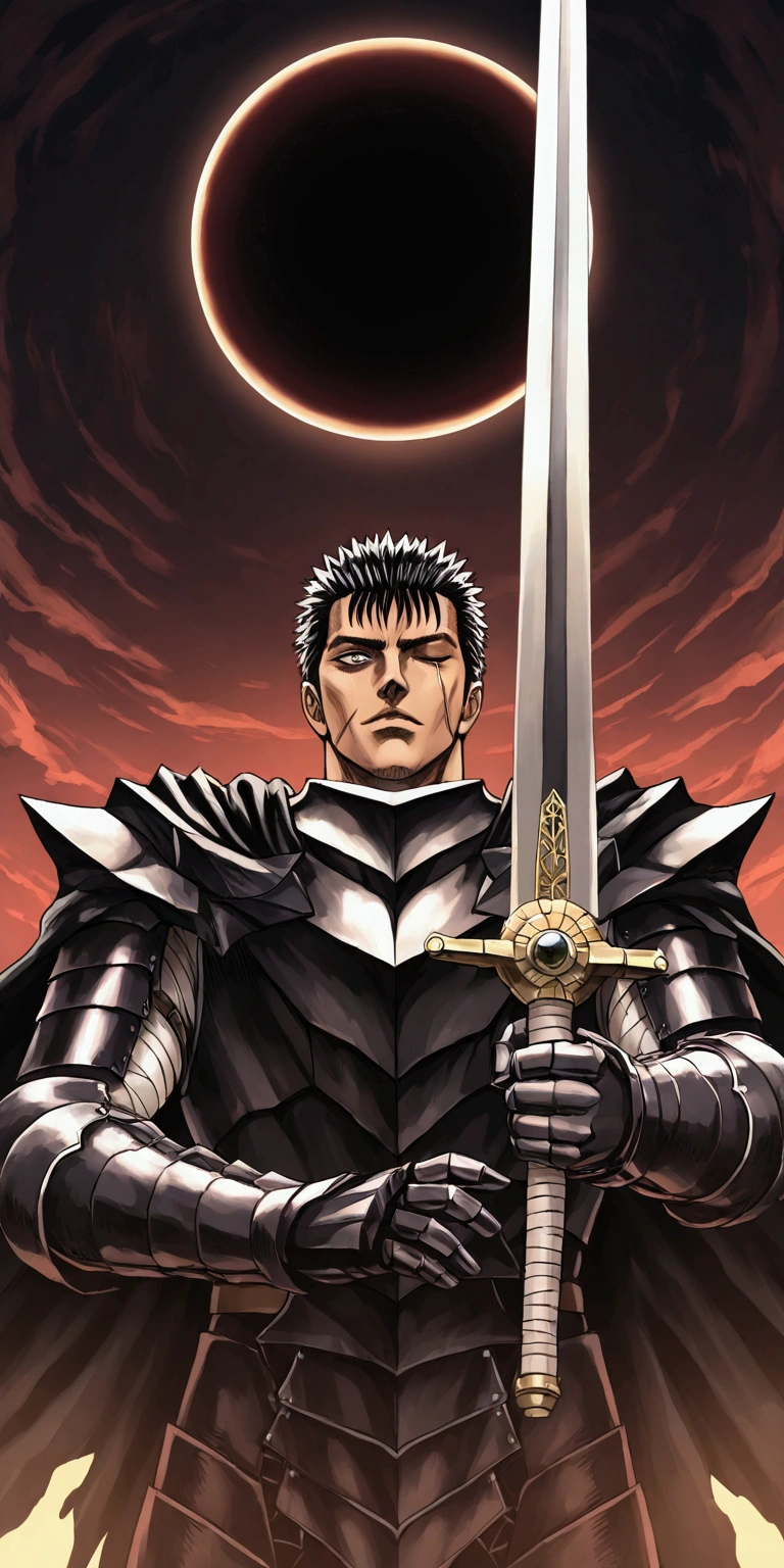 solo,1boy\(guts\(berserk\),armor,(one eye\(right\) closed),holding sword\((huge:1.4),(very big:1.3), (thick:1,3),black,\), scar, bandages, black hair,shiny hair,black cape,,evil, \), BREAK ,background\(dark,solar_eclipse,huge grotesque monster\(berserk\)\),japanese manga, horror mood, evil mood, very detailed drawing, delicate drawing, fine drawing , kentaro miura style,from below. BREAK .quality\(8k,wallpaper of extremely detailed CG unit, high resolution, top-quality, top-quality real texture skin, hyper realistic, increase the resolution, RAW photos, best quality, highly detailed, the wallpaper, golden ratio, high saturation realism, vibrant colors, dramatic lighting, persuasive storytelling, atmospheric scenery, captivating visuals, intricate details, strong emotions, dreamlike world\)