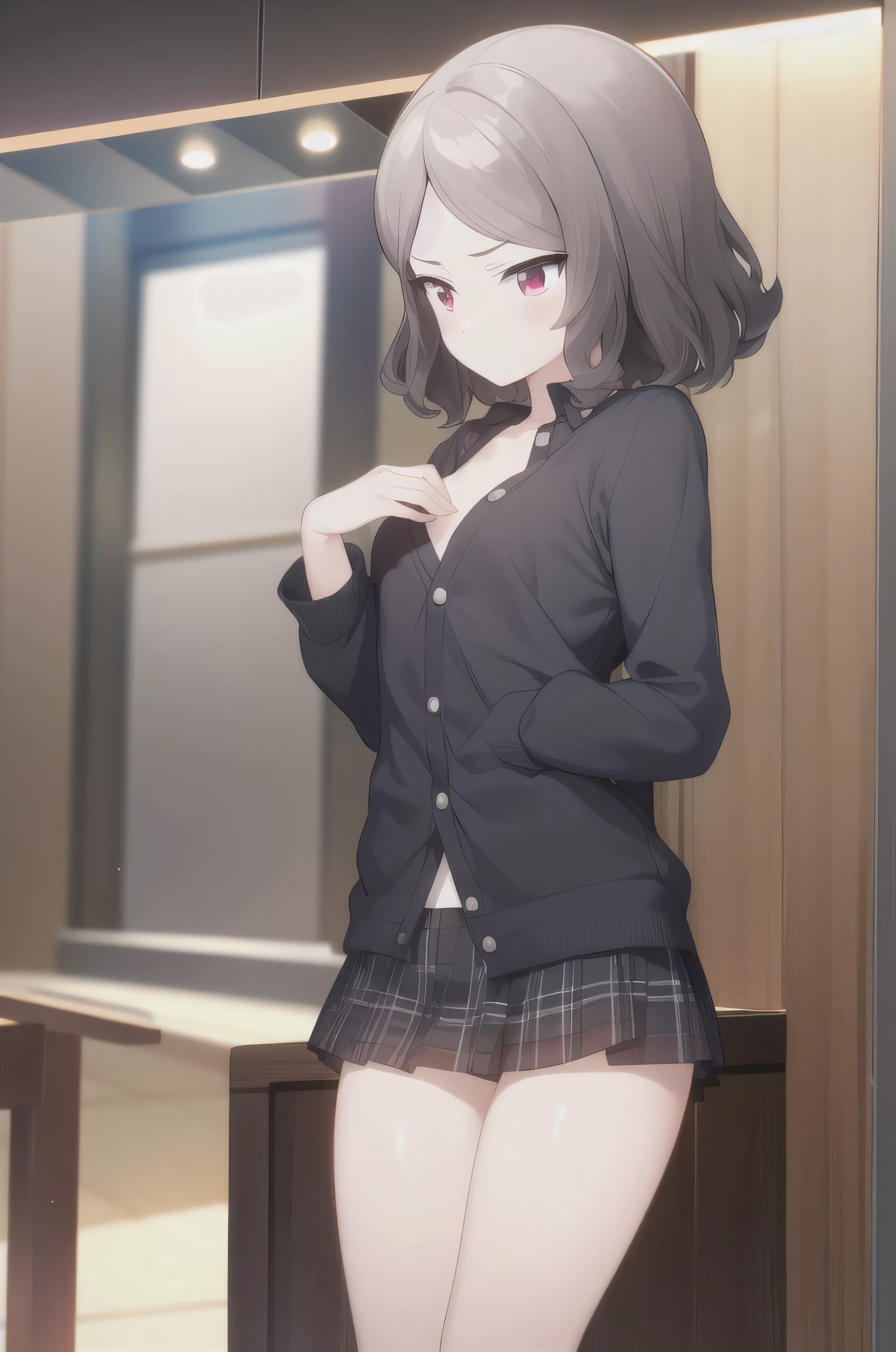 Brown hair, Short hair，（  eyes:1.5), (Big Chest:1.2),
rest，mini skirt ,   red black color ,   white shirt ， Seto Fuku,Low-cut，Cardigan，Close your eyes ，black，cleavage rest ，  While looking at the audience ,nipple，Chest， Unbutton your clothes ，Brightly colored panties  ， nipple bulge ，
 rest indoors, class (masterpiece:1.2),   has the best quality,   high resolution,  Unity 8K Wallpaper , (illustration:0.8), ( beautiful and detailed eyes:1.6),     The details on the face are exquisite,   perfect lighting ,  非常详细的CG , (Perfect hands,    perfect anatomical structure ),