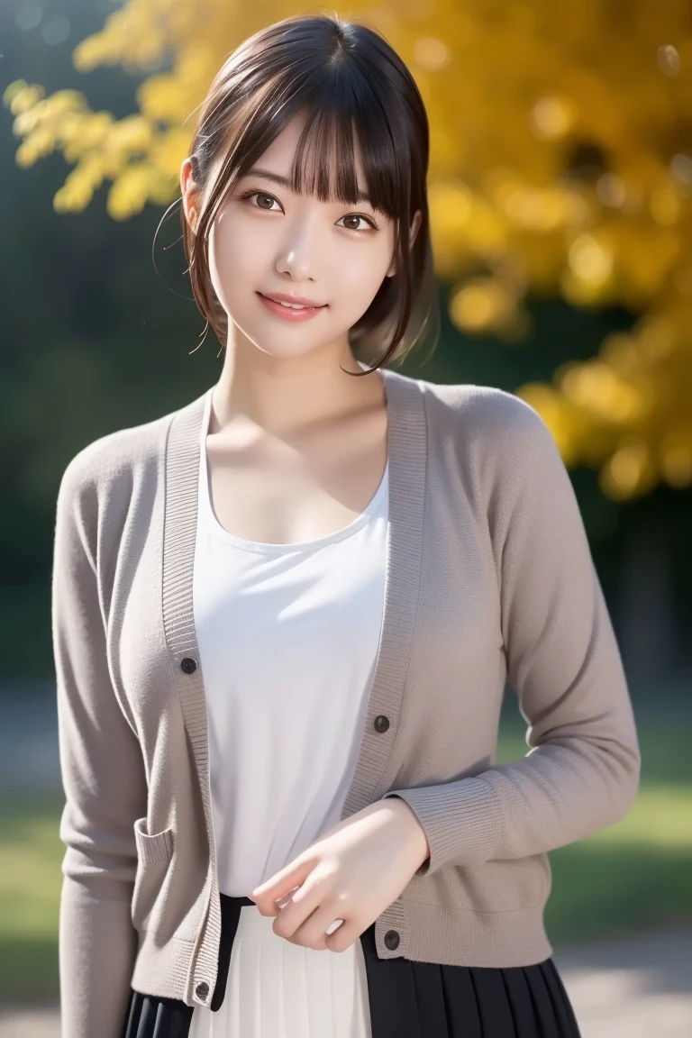 highest quality, figure, super detailed, finely, High resolution, 8k wallpaper, 完璧なダイナミックな構figure, beautiful skin, (big eyes), 20 year old beautiful girl, natural color lip, (sexy pose), Mid chest, smile, Highly detailed face and skin texture, Detailed eyes, Double eyelid,leaking teeth and laughing, close-up, from behind, brown bob hair, (Red Cardigan), (trainer:1.2),In town