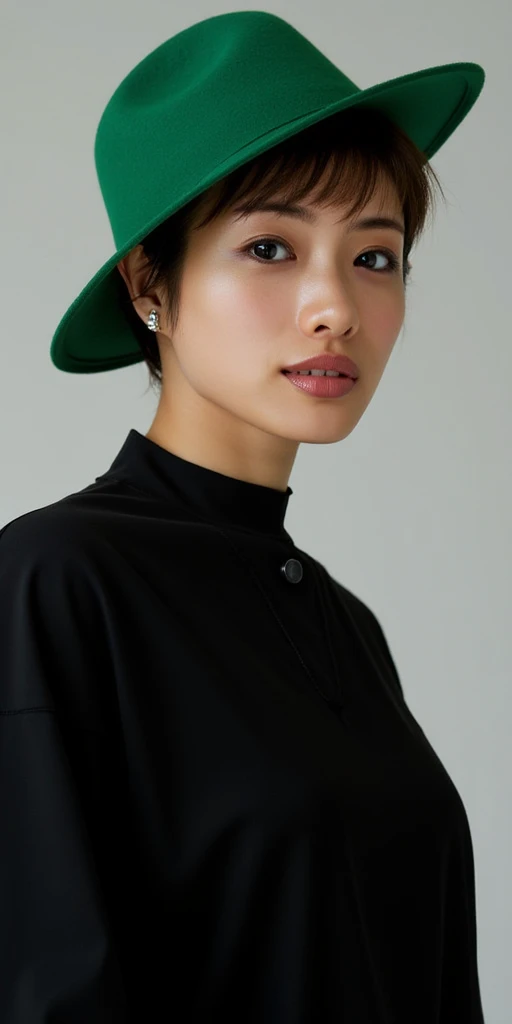 Short haired young woman with good posture wearing a green hat and black clothes