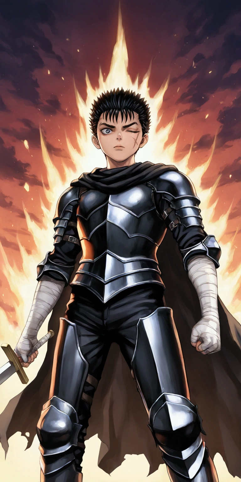 
solo,1boy\(guts\(berserk\),armor,(one eye\(right\) closed),holding sword\((huge:1.4),(very big:1.3), (thick:1,3),black,\), scar, bandages, black hair,shiny hair,black cape,,evil, \), BREAK ,background\(dark,solar_eclipse,huge grotesque monster\(berserk\)\),japanese manga, horror mood, evil mood, very detailed drawing, delicate drawing, fine drawing , kentaro miura style,from below. BREAK .quality\(8k,wallpaper of extremely detailed CG unit, high resolution, top-quality, top-quality real texture skin, hyper realistic, increase the resolution, RAW photos, best quality, highly detailed, the wallpaper, golden ratio, high saturation realism, vibrant colors, dramatic lighting, persuasive storytelling, atmospheric scenery, captivating visuals, intricate details, strong emotions, dreamlike world\)