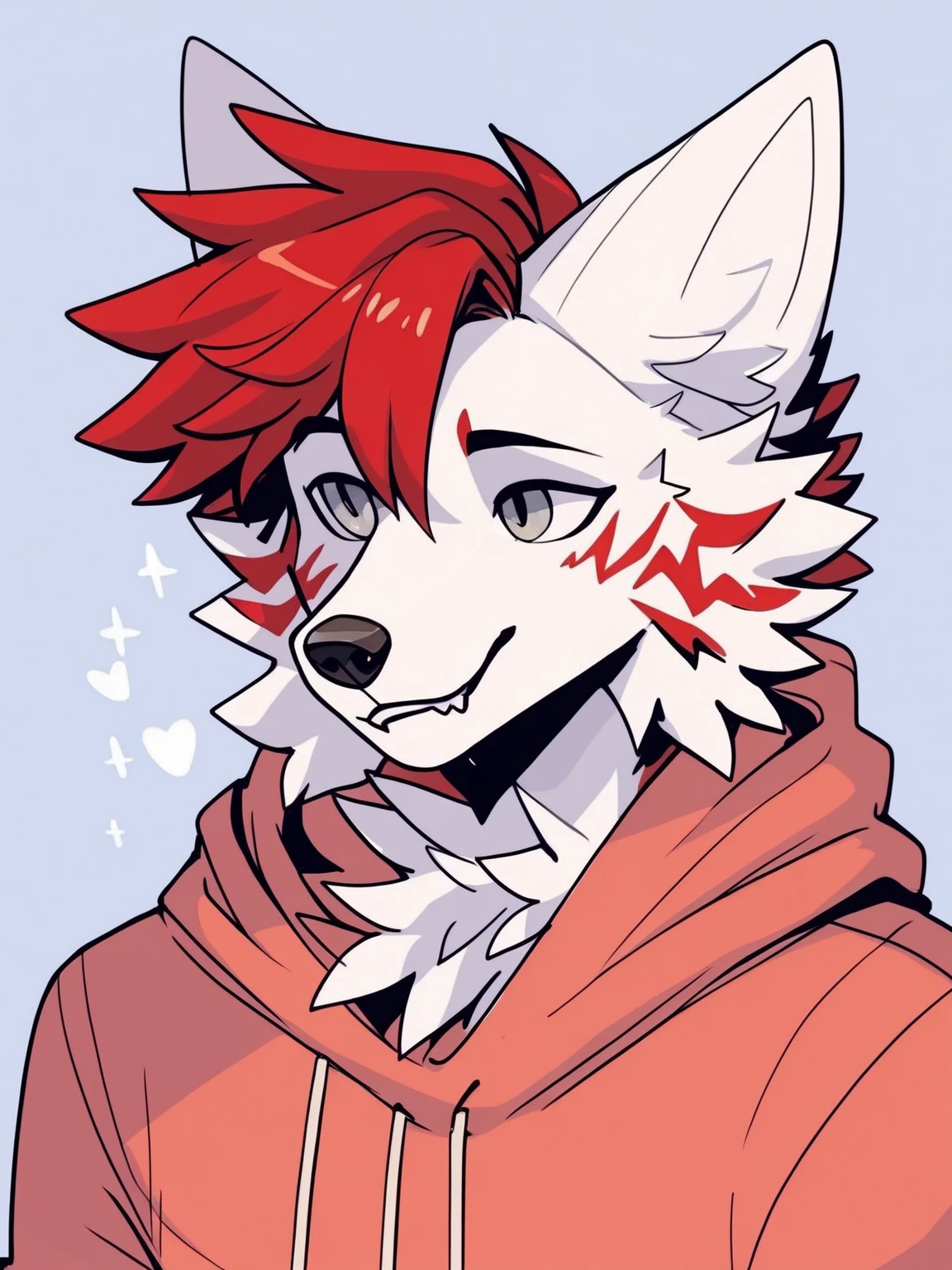 Male Wolf, white fur with red stripes,  slim figure , Cute appearance, red sweatshirt, gray eyes with touches of yellow , hair with red highlights on the top ( as if they were dyed ).