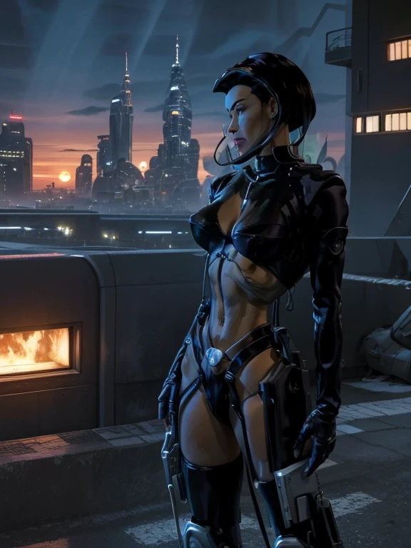 FAITHFUL IMAGE OF AEON FLUX,  king , linda, smiling, she is happy,  ultra detailed , she is,  SHE STANDS ON THE EDGE OF A TERRACE OF AN ULTRA-FUTURISTIC BUILDING LOOKING UP AT THE SKY ,  SHE'S POINTING HER FINGER AT THE GROUND LOOKING AT THE INDUSTRIAL CITY , THERE ARE buildings rounded in a ,  ultra-futuristic megalopolis city , Industrial environment,  cyberpunk style,  orange sky ,  the city has many metallic buildings with mirrored glass in light colors that reflect sunlight, alien architecture ,  the city has shades of metallic gray ,  has beautiful metal structures ,  dark ultrafuturist cars on the streets , desert megalopolis,  many rounded buildings high on the horizon ,  tall futuristic metal buildings , WIRED POSTS ,  traffic lights ,  many ultramodern buildings surrounding ,  as realistic as possible,  As detailed as possible , Science fiction,  there are 2 planets in the sky through the dense atmosphere ,  orange sky 
