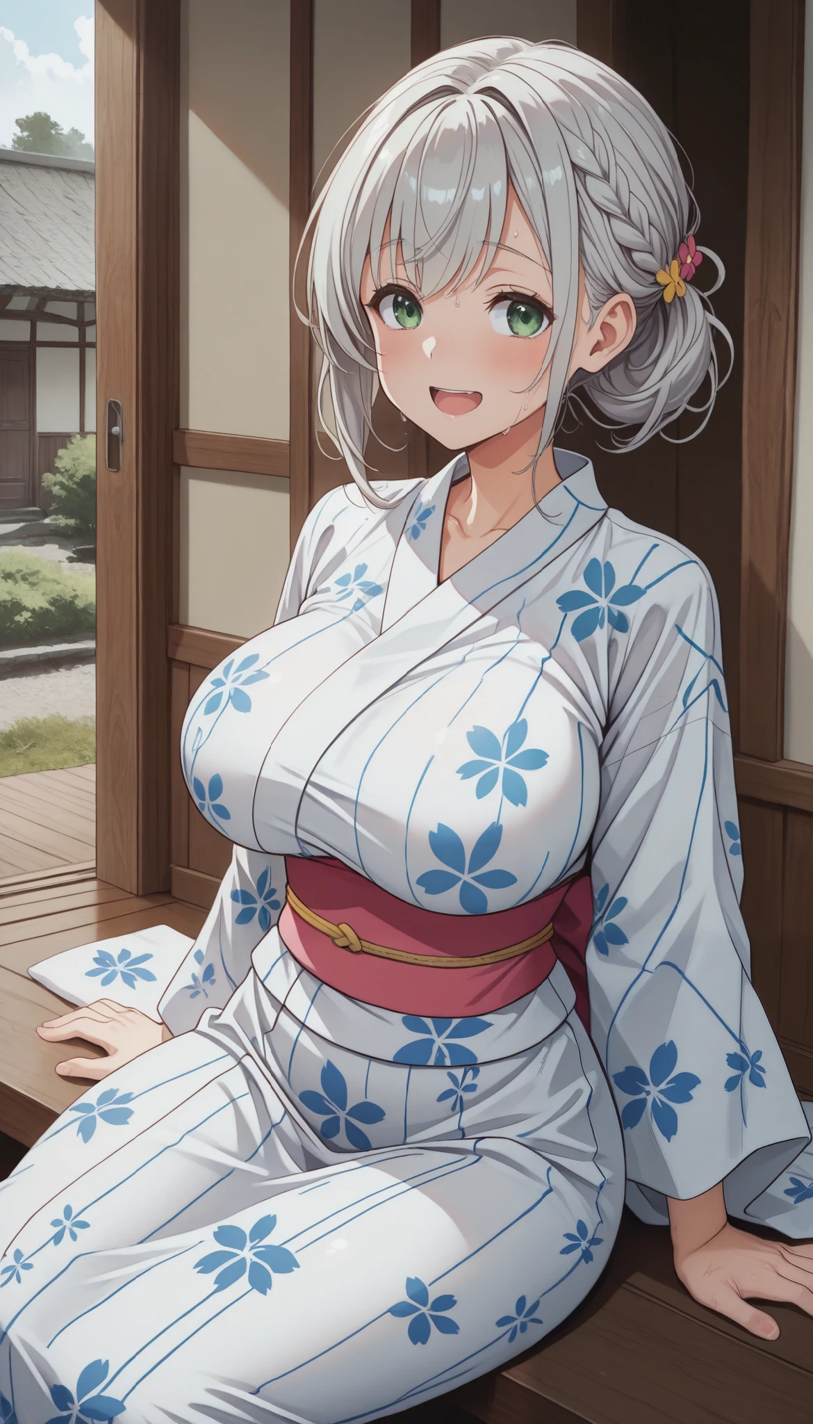 score_9, score_8_up, score_7_up, score_6_up, score_5_up, score_4_up、solo focus,large breasts,,Shirogane Noel ,,silver blonde hair,,,solo,
,,sweat,sitting,smile,.open mouth,.,narrow waist,indoor,yukata